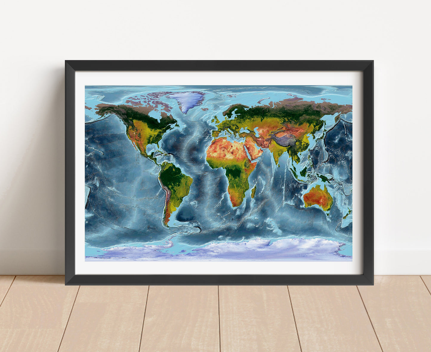 Shaded relief world map in WGS 84 projection in black frame. Artistic print with realistic terrain effect for wall decor