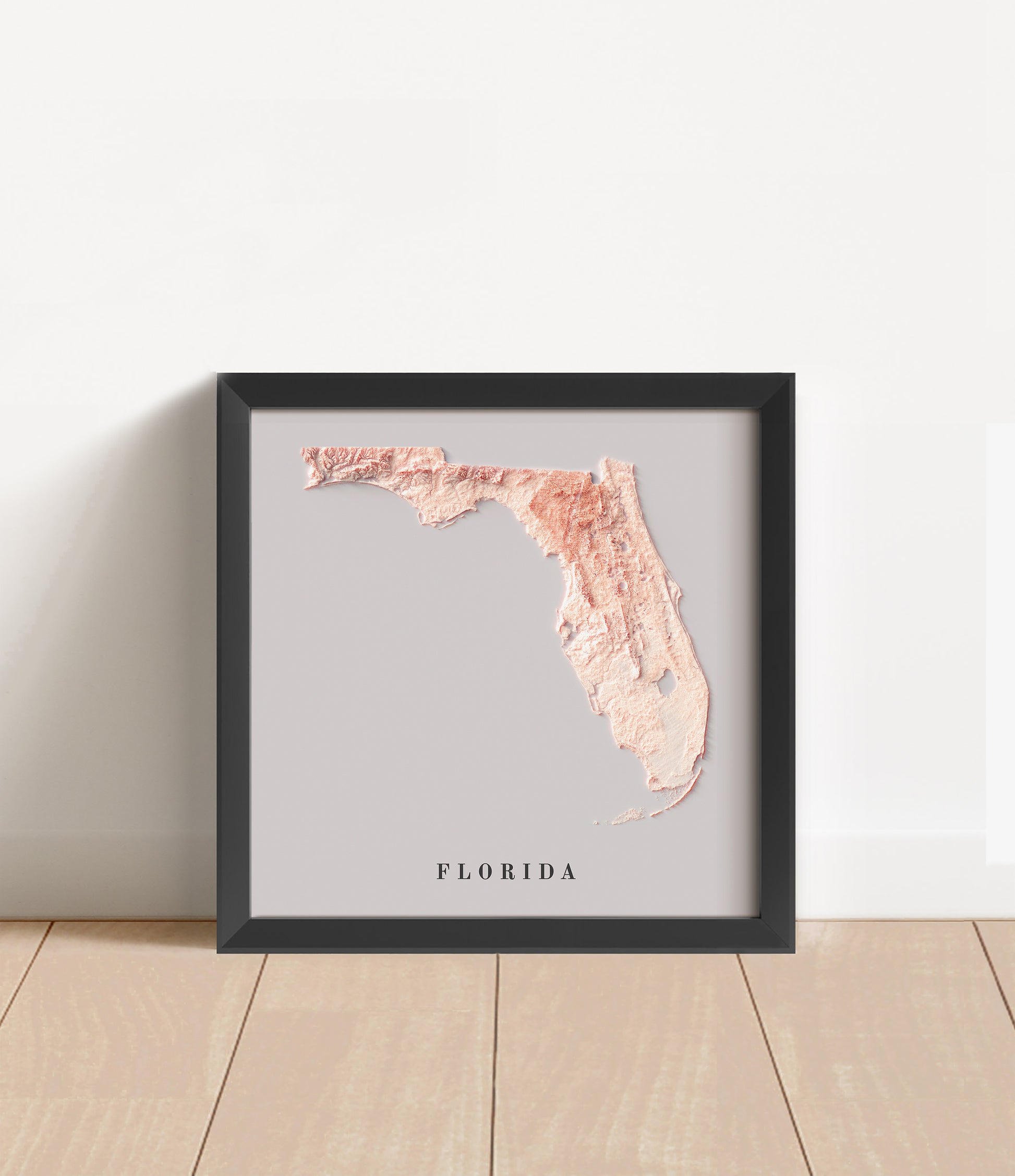 Florida shaded relief map in black frame. Artistic print with realistic terrain effect for wall decor