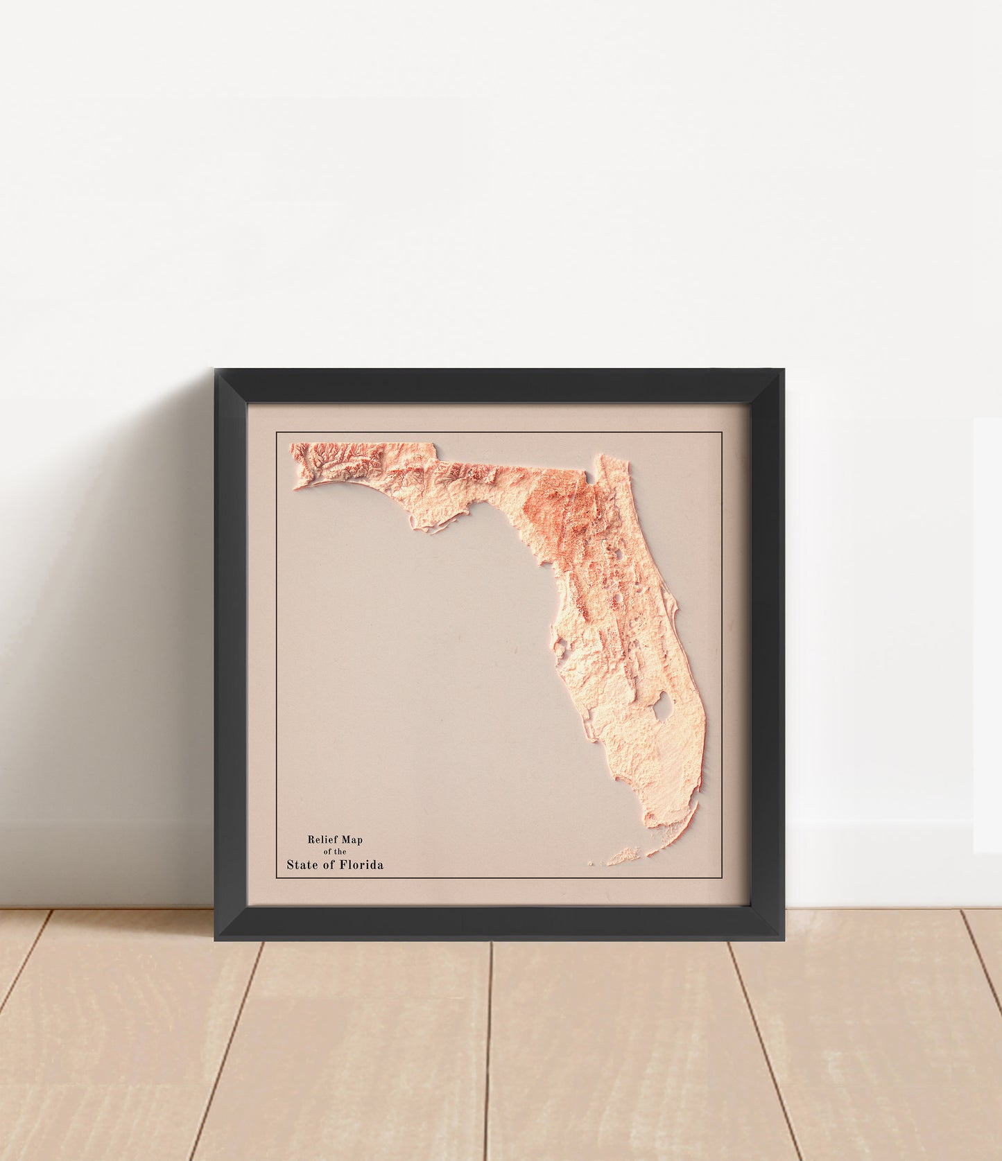Vintage Florida shaded relief map in black frame. Artistic print with realistic terrain effect for wall decor