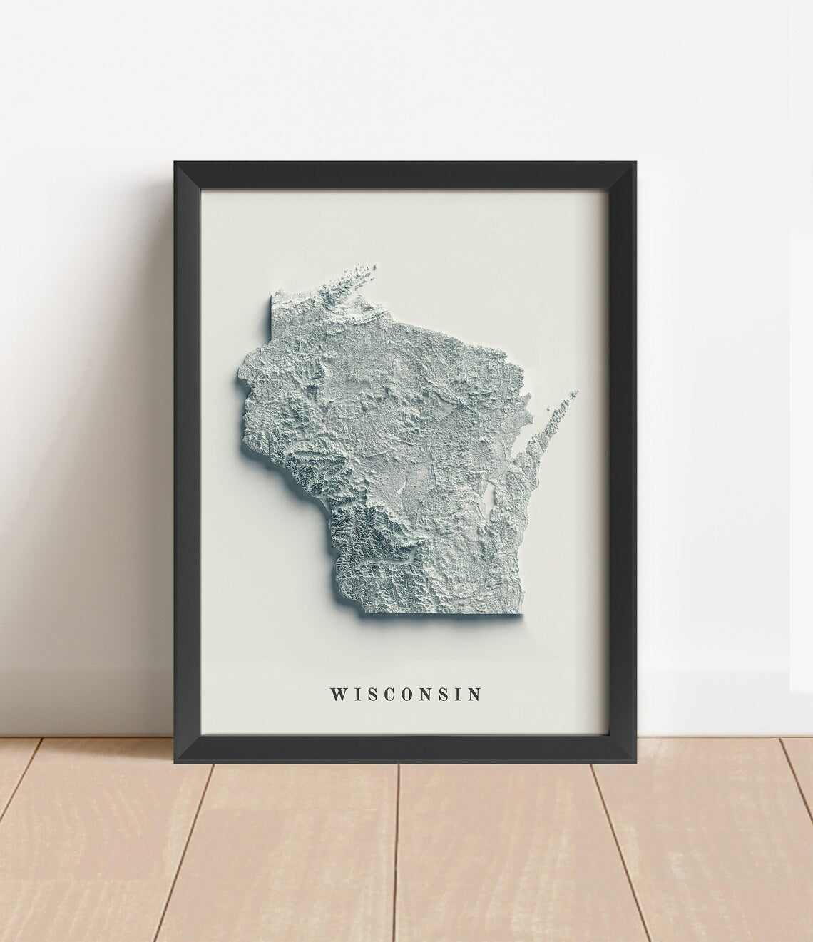 Wisconsin shaded relief map in black frame. Artistic print with realistic terrain effect for wall decor