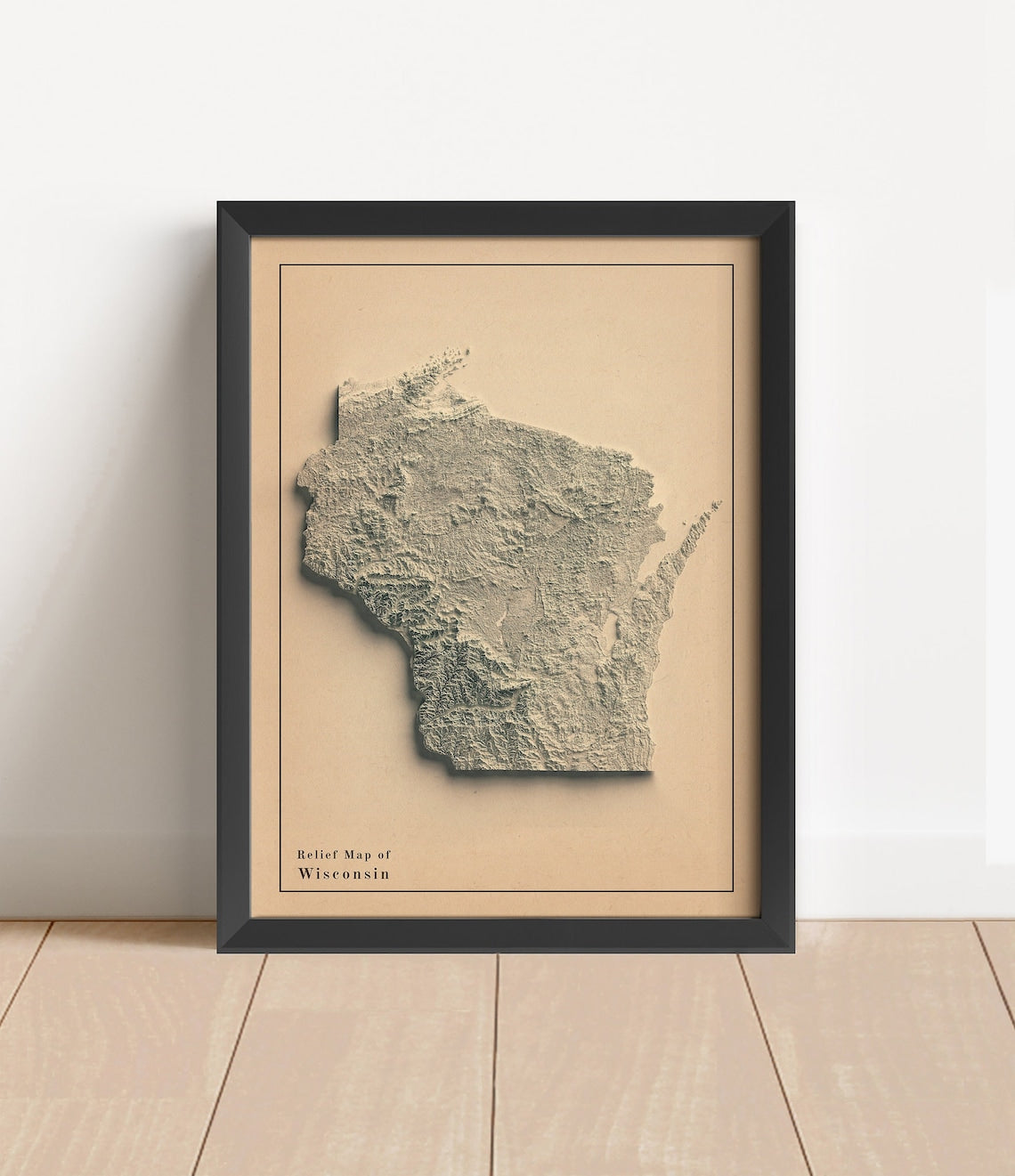 Vintage Wisconsin shaded relief map in black frame. Artistic print with realistic terrain effect for wall decor