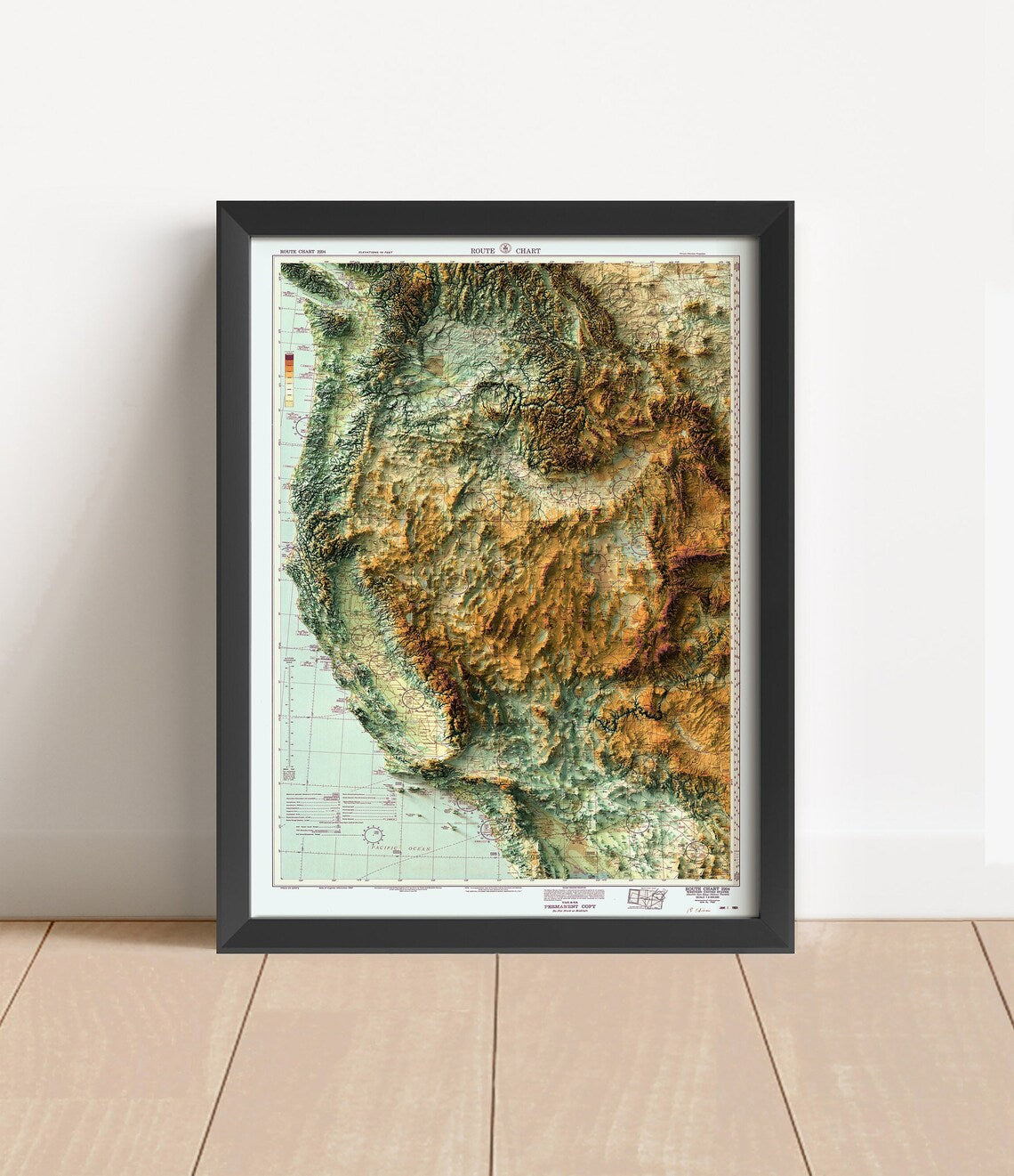 Vintage Western USA shaded relief map in black frame. Artistic print with realistic terrain effect for wall decor