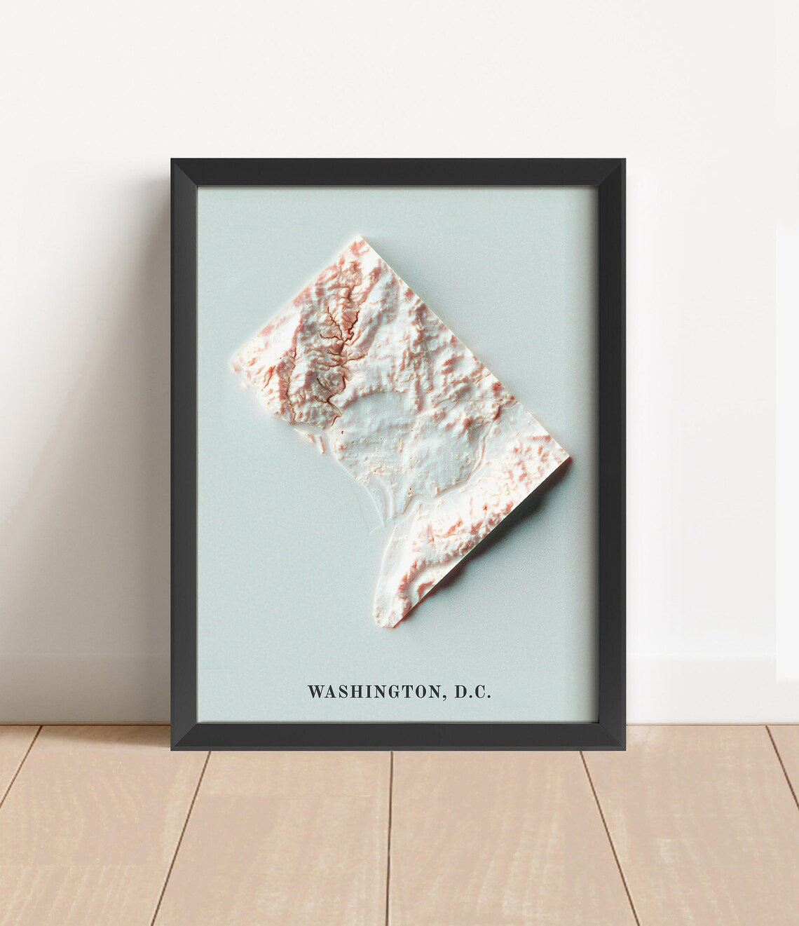Washington DC shaded relief map in black frame. Artistic print with realistic terrain effect for wall decor