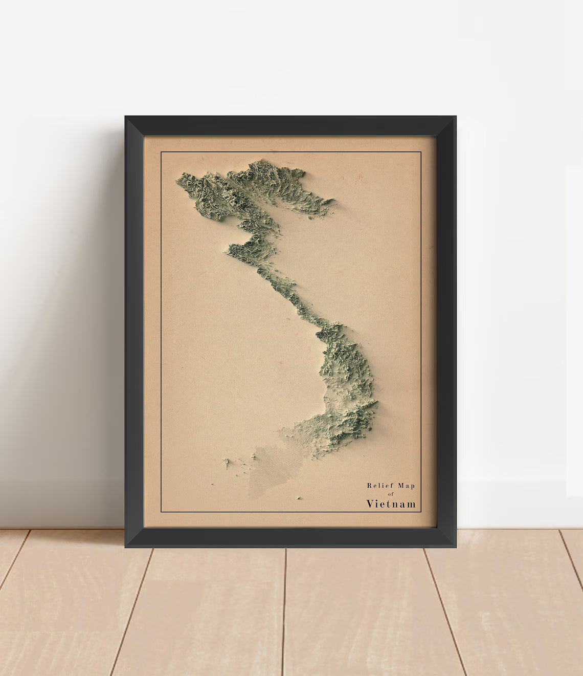 Vintage Vietnam shaded relief map in black frame. Artistic print with realistic terrain effect for wall decor
