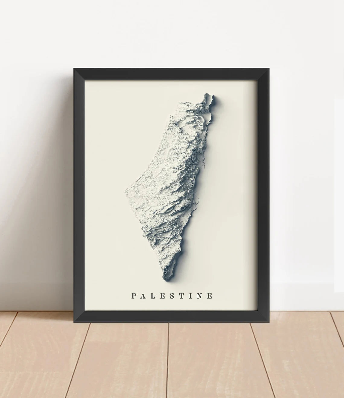 Palestine shaded relief map in black frame. Artistic print with realistic terrain effect for wall decor