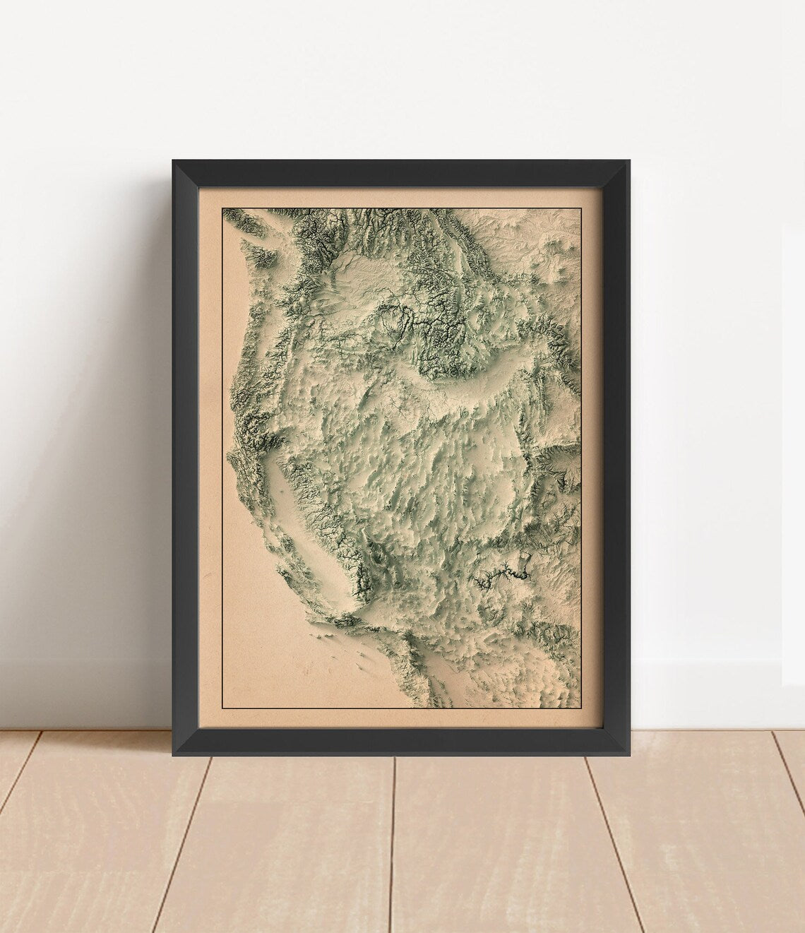 Vintage Western USA shaded relief map in black frame. Artistic print with realistic terrain effect for wall decor