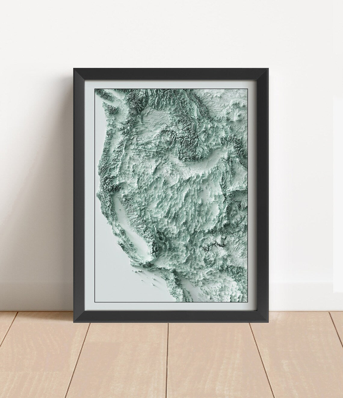 Vintage Western USA shaded relief map in black frame. Artistic print with realistic terrain effect for wall decor
