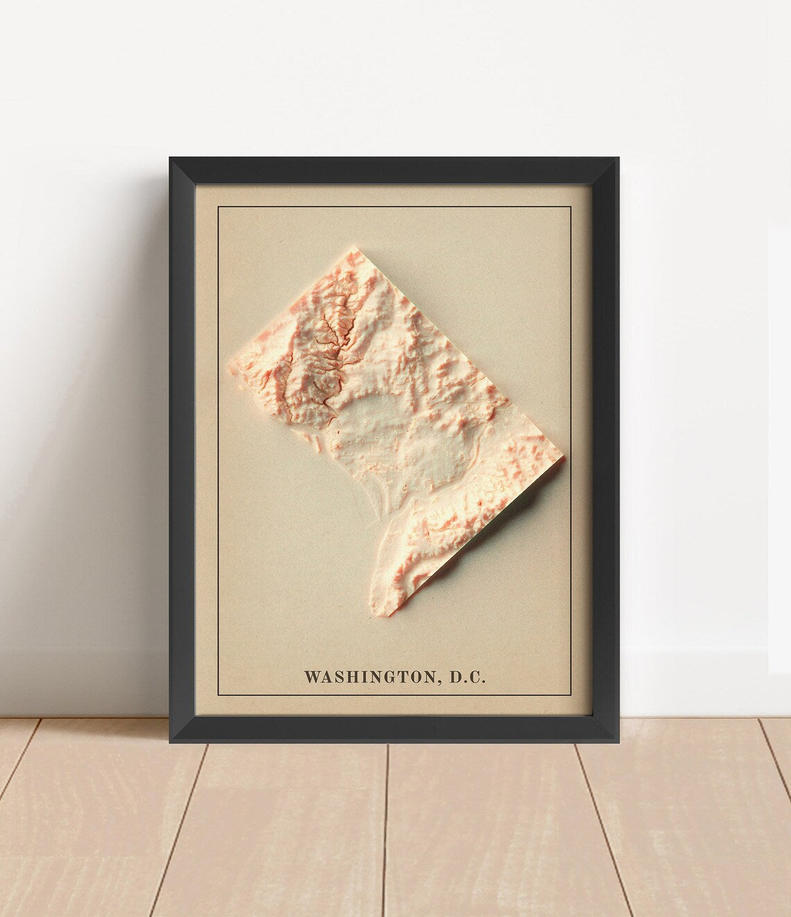 Vintage Washington DC shaded relief map in black frame. Artistic print with realistic terrain effect for wall decor