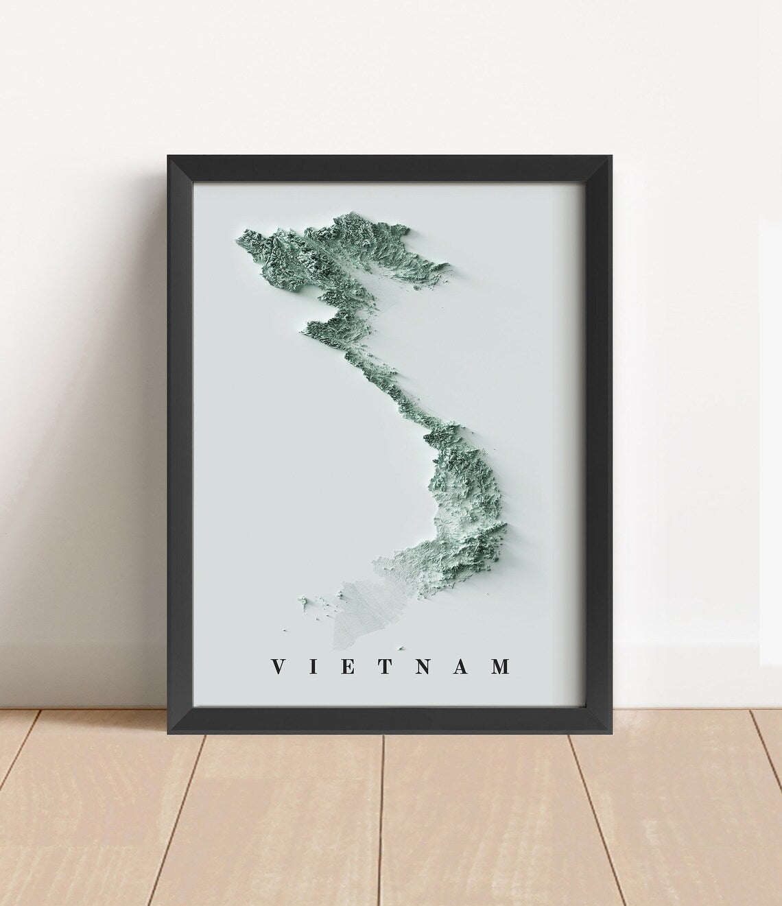 Vietnam shaded relief map in black frame. Artistic print with realistic terrain effect for wall decor