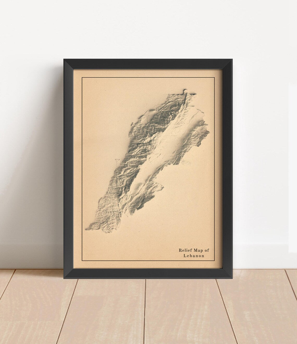 Vintage Lebanon shaded relief map in black frame. Artistic print with realistic terrain effect for wall decor