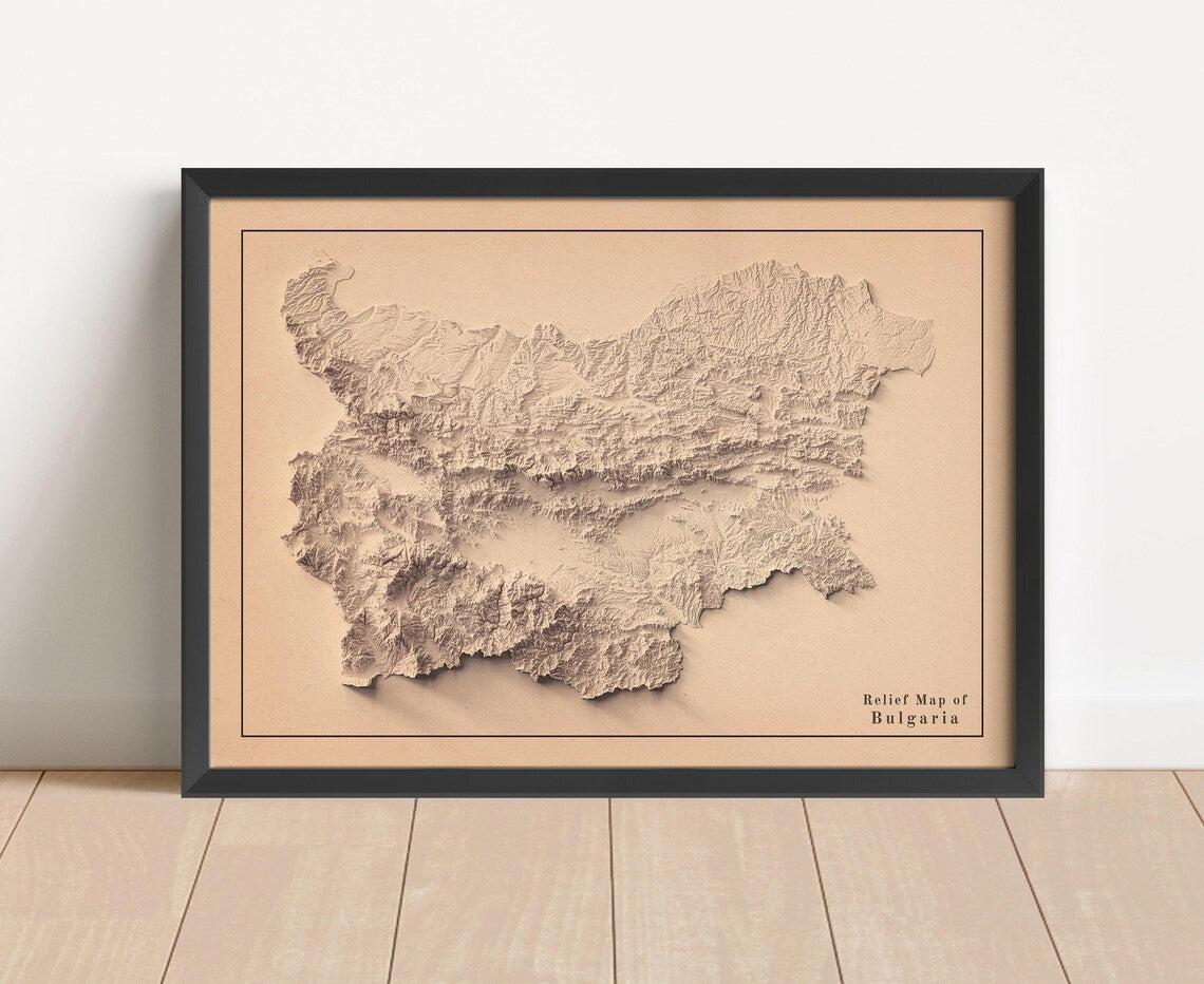 Vintage Bulgaria shaded relief map in black frame. Artistic print with realistic terrain effect for wall decor
