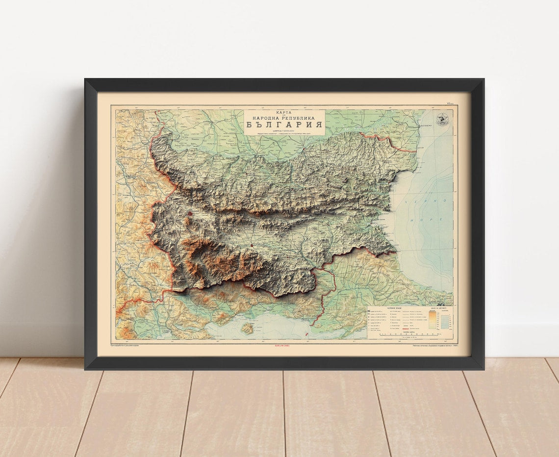 Vintage Bulgaria shaded relief map in black frame. Artistic print with realistic terrain effect for wall decor