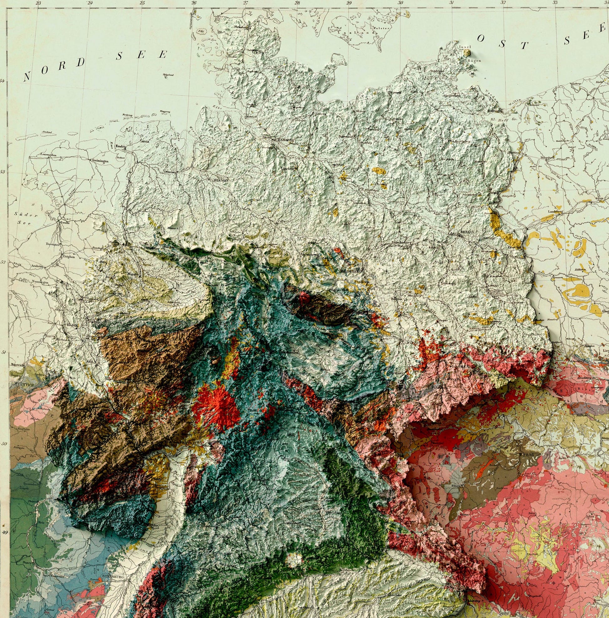 Detailed close-up of a vintage Germany relief map, showcasing textured topography and geographic contours