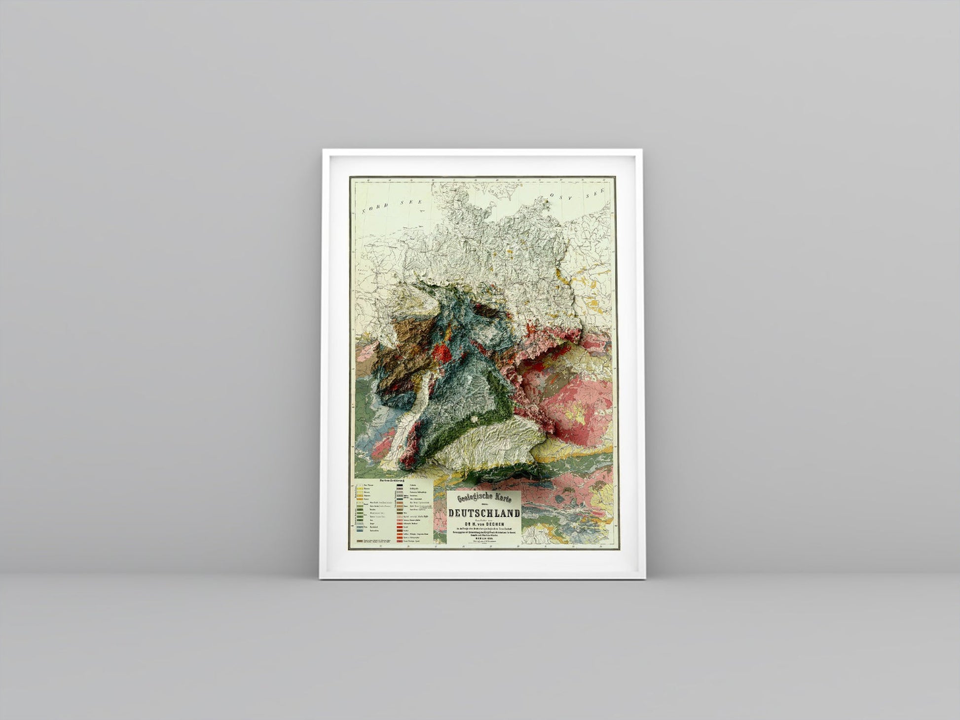 Germany vintage framed shaded relief map in white frame. Artistic print highlighting mountains with a realistic 3d effect