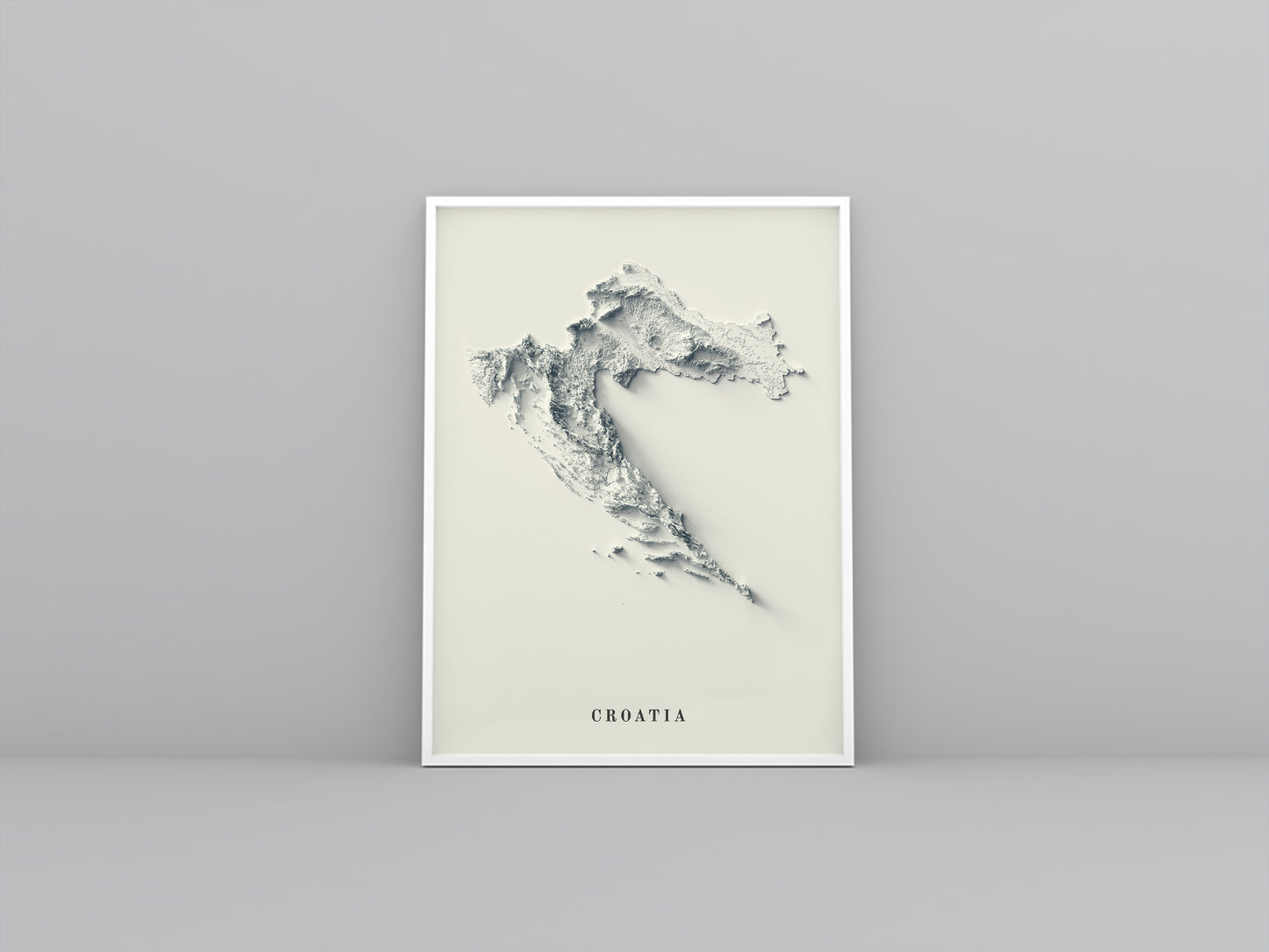 Croatia framed shaded relief map in white frame. Artistic print highlighting mountains with a realistic 3d effect