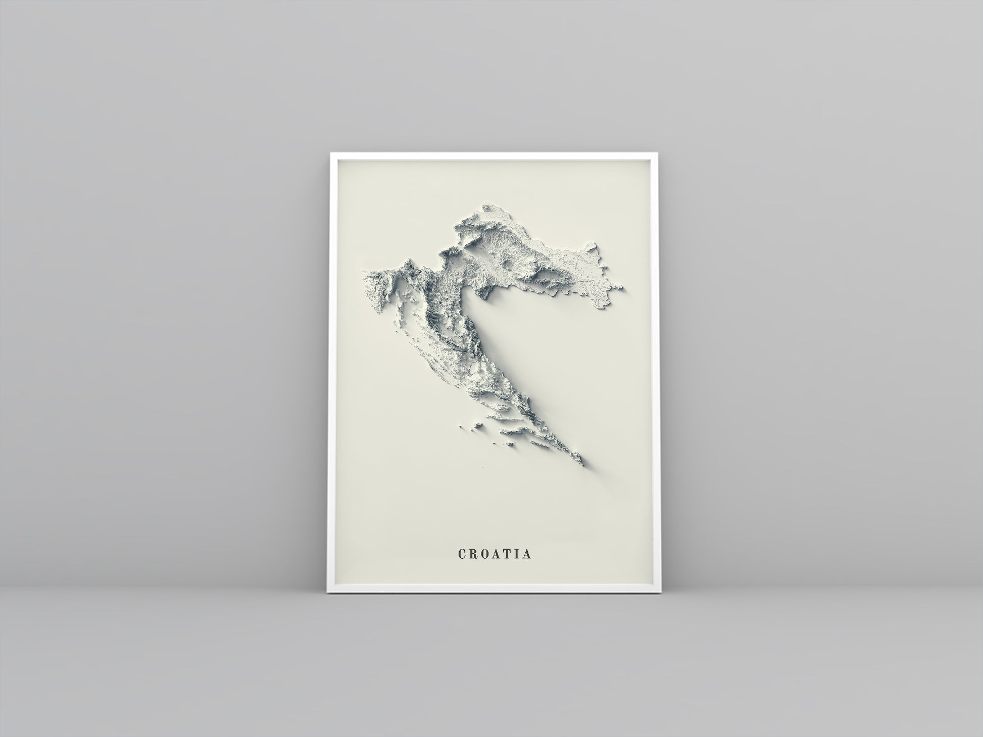 Croatia framed shaded relief map in white frame. Artistic print highlighting mountains with a realistic 3d effect