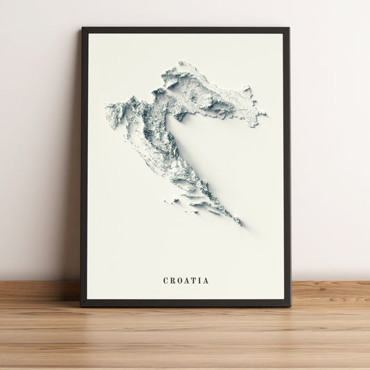 Croatia framed shaded relief map in black frame. Artistic print highlighting mountains with a realistic terrain effect