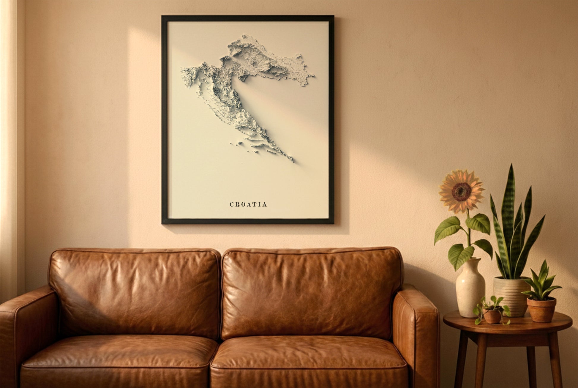 Croatia relief map in a black frame above a brown leather sofa. Boho living room with warm sunlight, sunflower, and indoor plants on a wooden side table