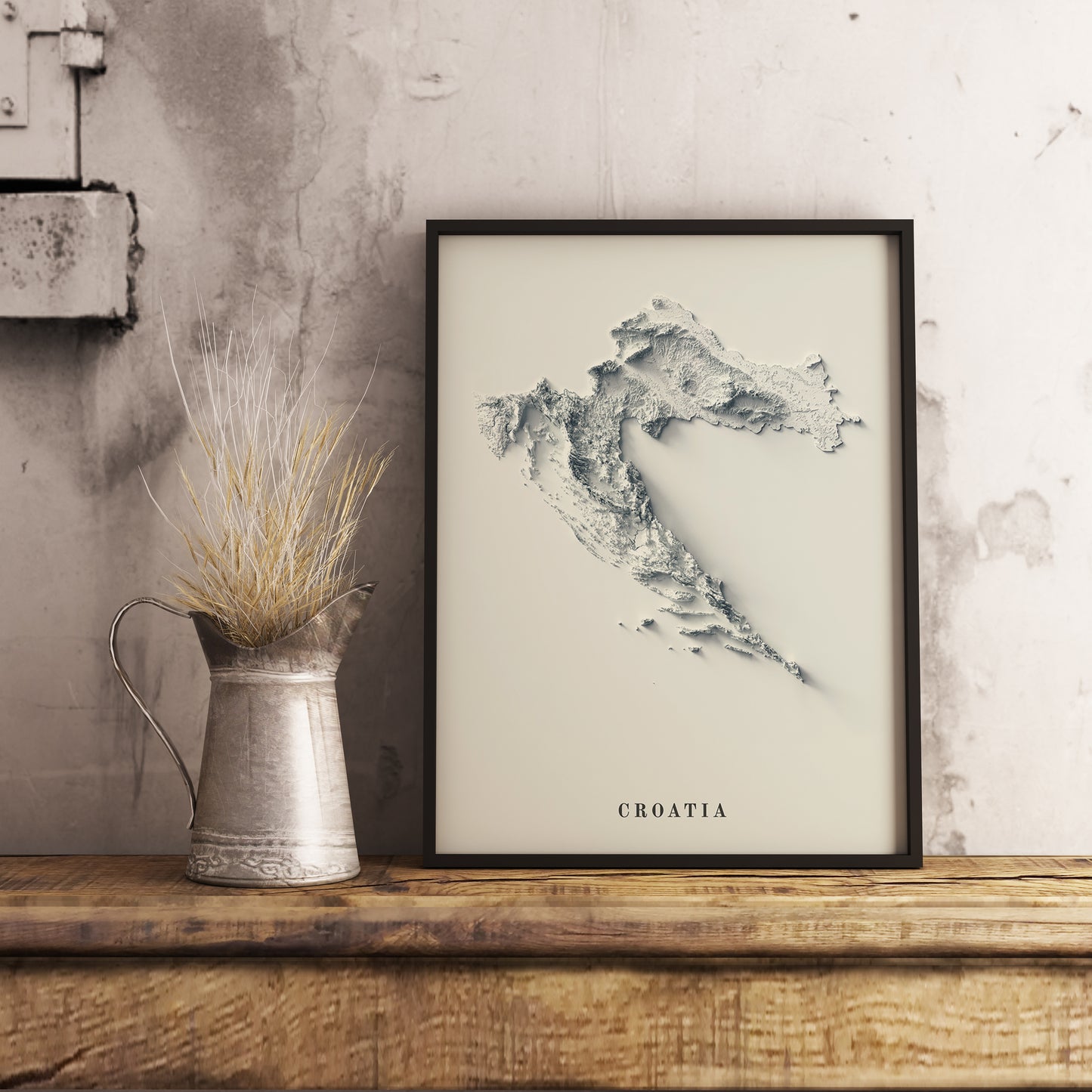 Croatia shaded relief map in black frame. Realistic terrain art print for home decor, displayed on rustic wooden table
