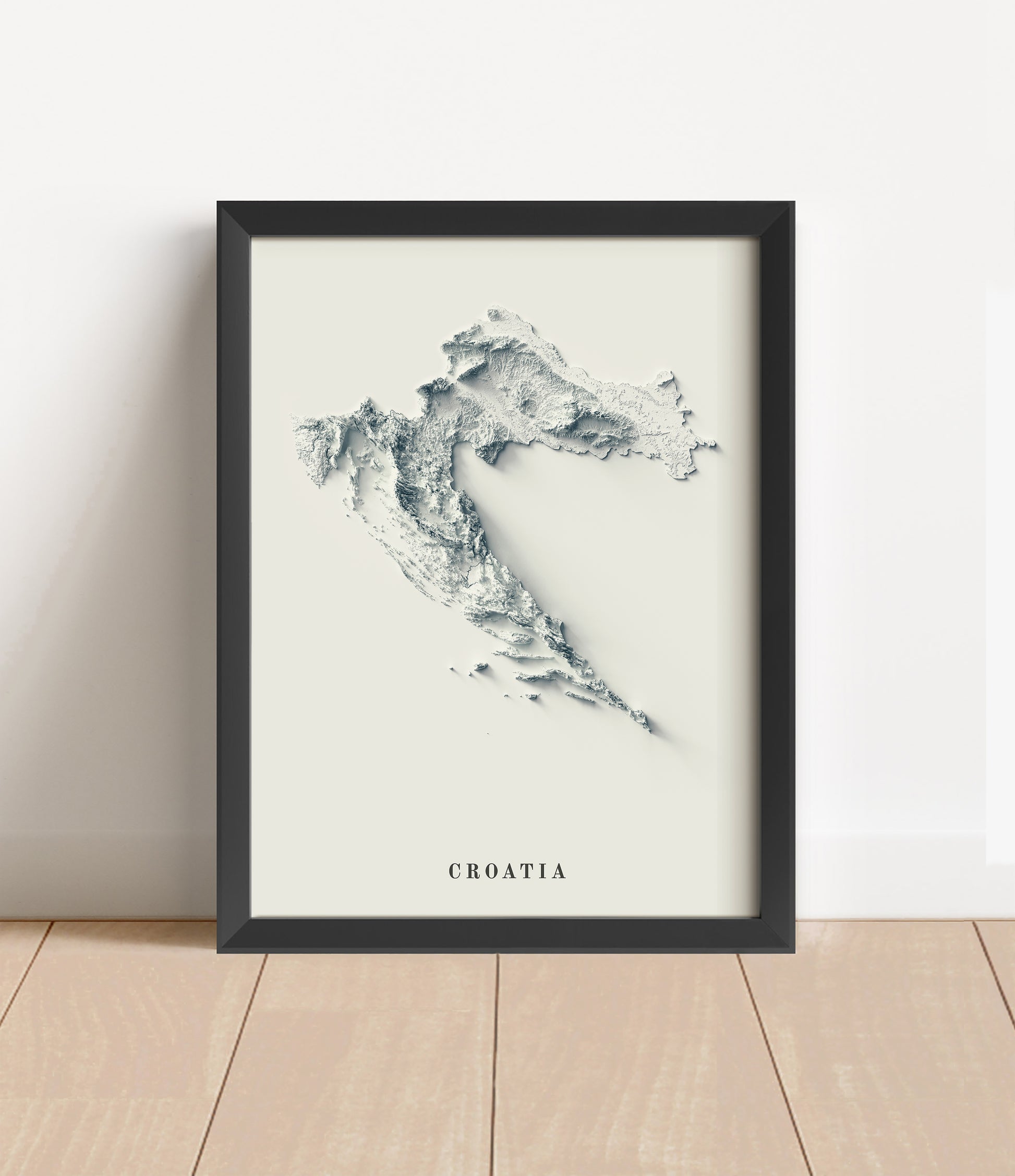 Croatia shaded relief map in black frame. Artistic print with realistic terrain effect for wall decor