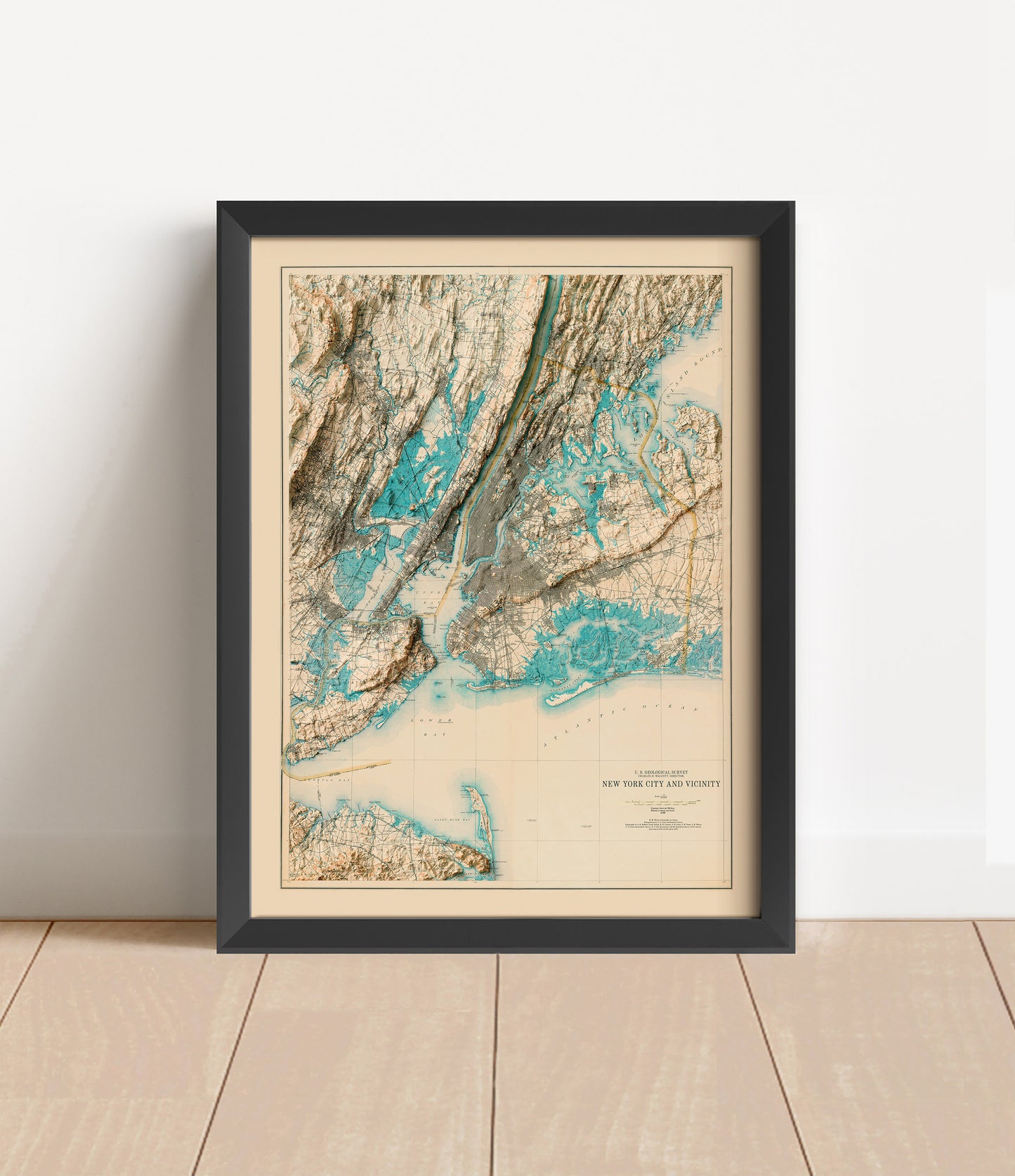 Vintage New York City shaded relief map in black frame. Artistic print with realistic terrain effect for wall decor