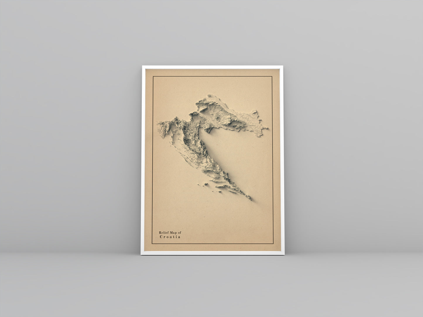 Croatia vintage framed shaded relief map in white frame. Artistic print highlighting mountains with a realistic 3d effect