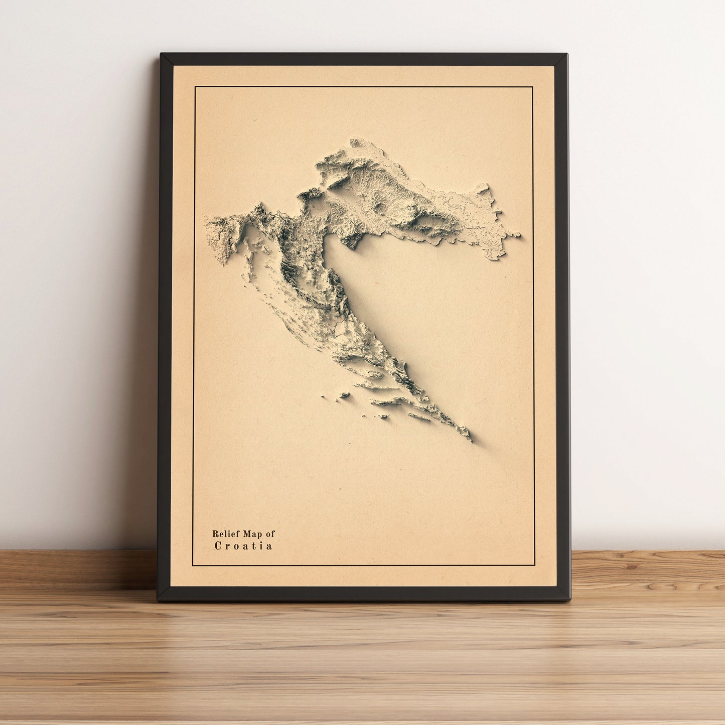 Croatia vintage framed shaded relief map in black frame. Artistic print highlighting mountains with a realistic terrain effect