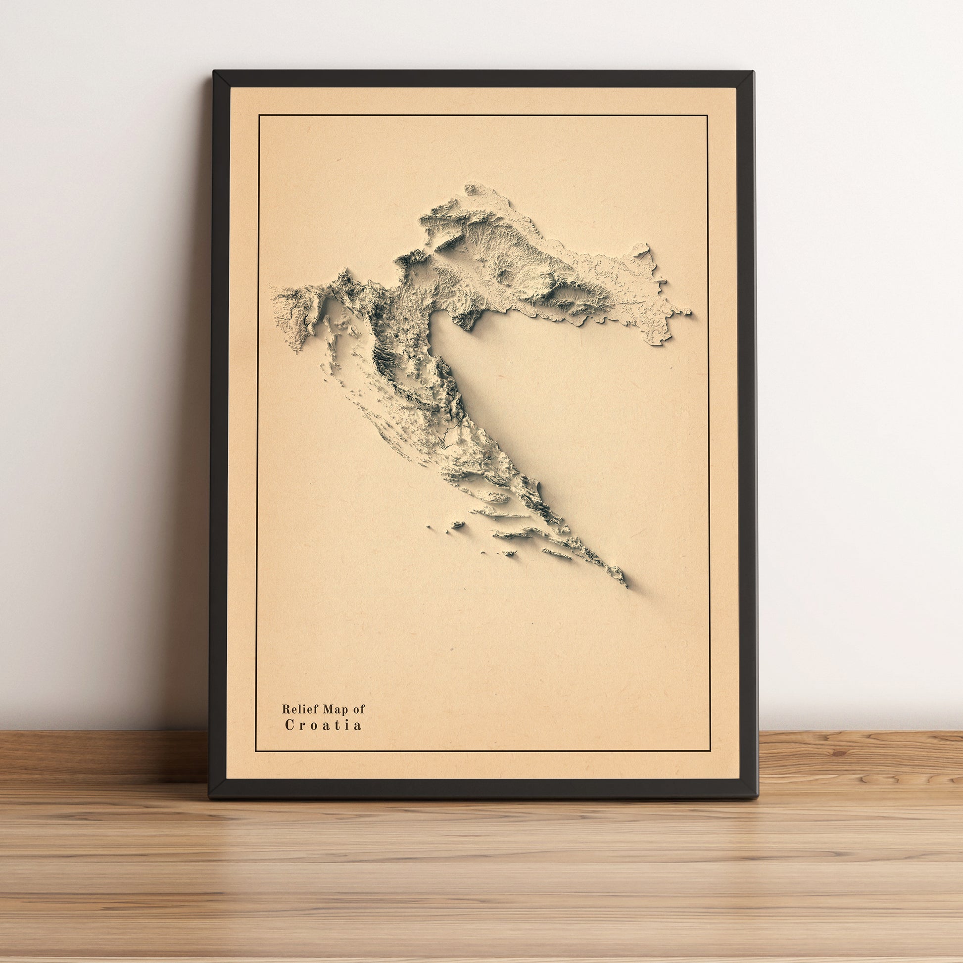 Croatia vintage framed shaded relief map in black frame. Artistic print highlighting mountains with a realistic terrain effect