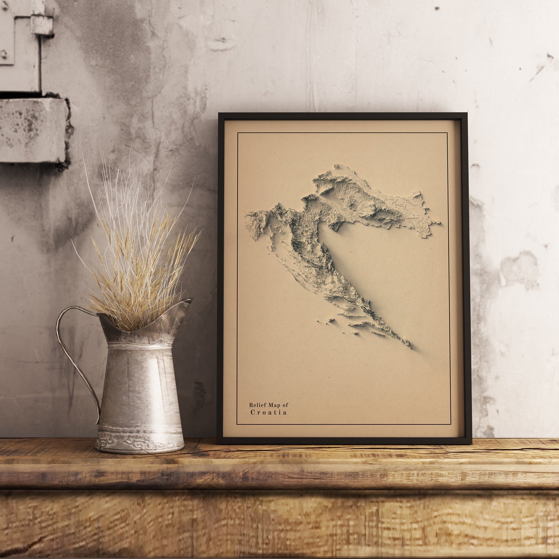 Vintage Croatia shaded relief map in black frame. Realistic terrain art print for home decor, displayed on rustic wooden table