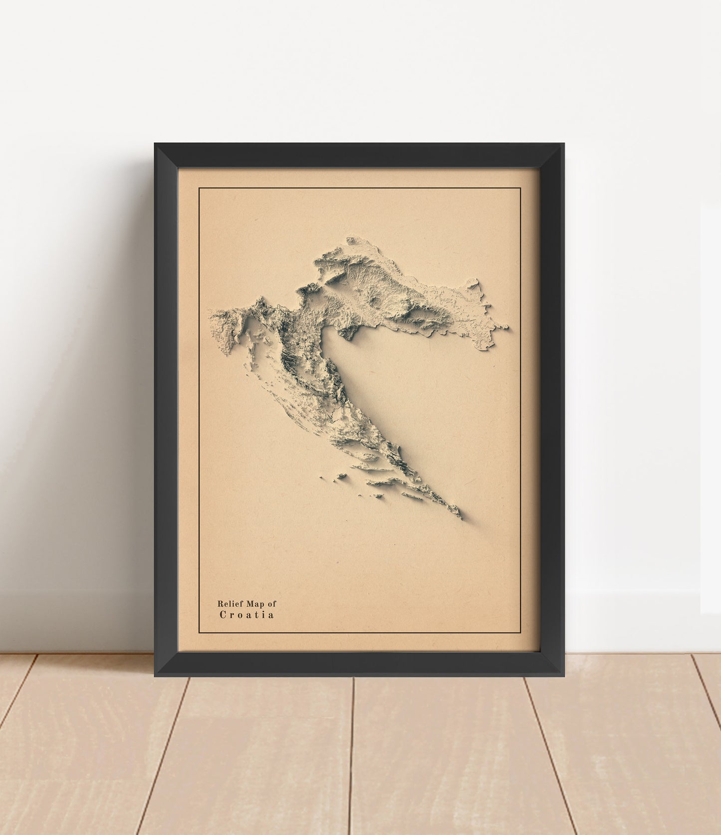 Vintage Croatia shaded relief map in black frame. Artistic print with realistic terrain effect for wall decor