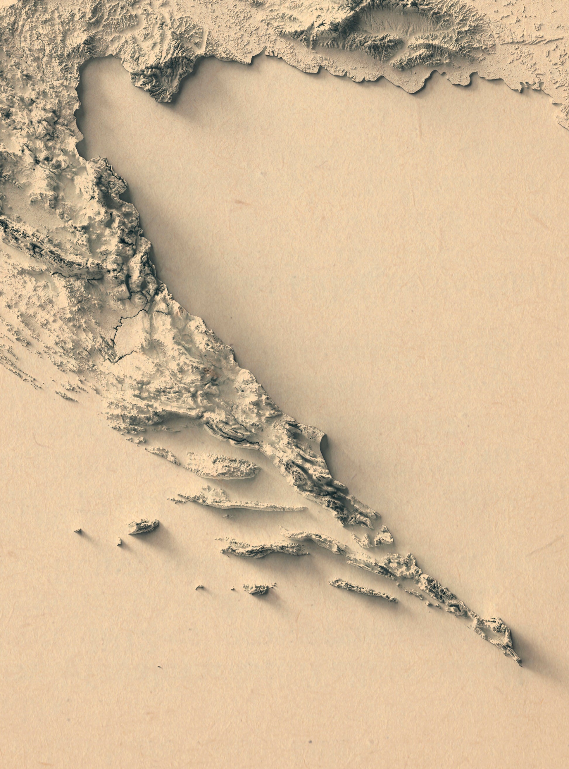 Detailed close-up of a vintage Croatia relief map, showcasing textured topography and geographic contours