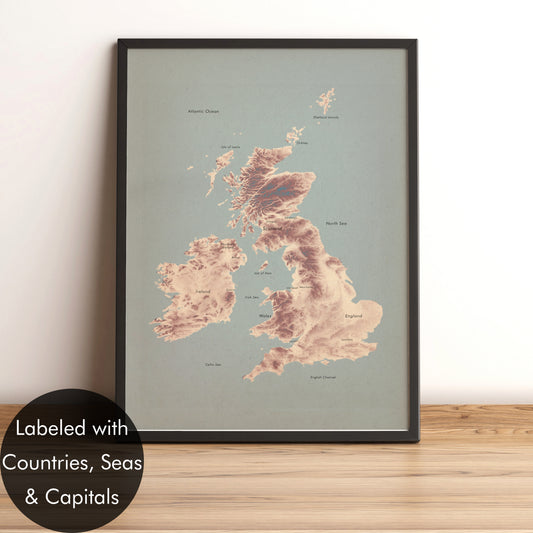 Uk and Ireland vintage framed shaded relief map in black frame. Artistic print highlighting mountains with a realistic terrain effect
