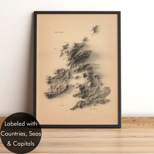 Uk and Ireland framed shaded relief map in black frame. Artistic print highlighting mountains with a realistic terrain effect