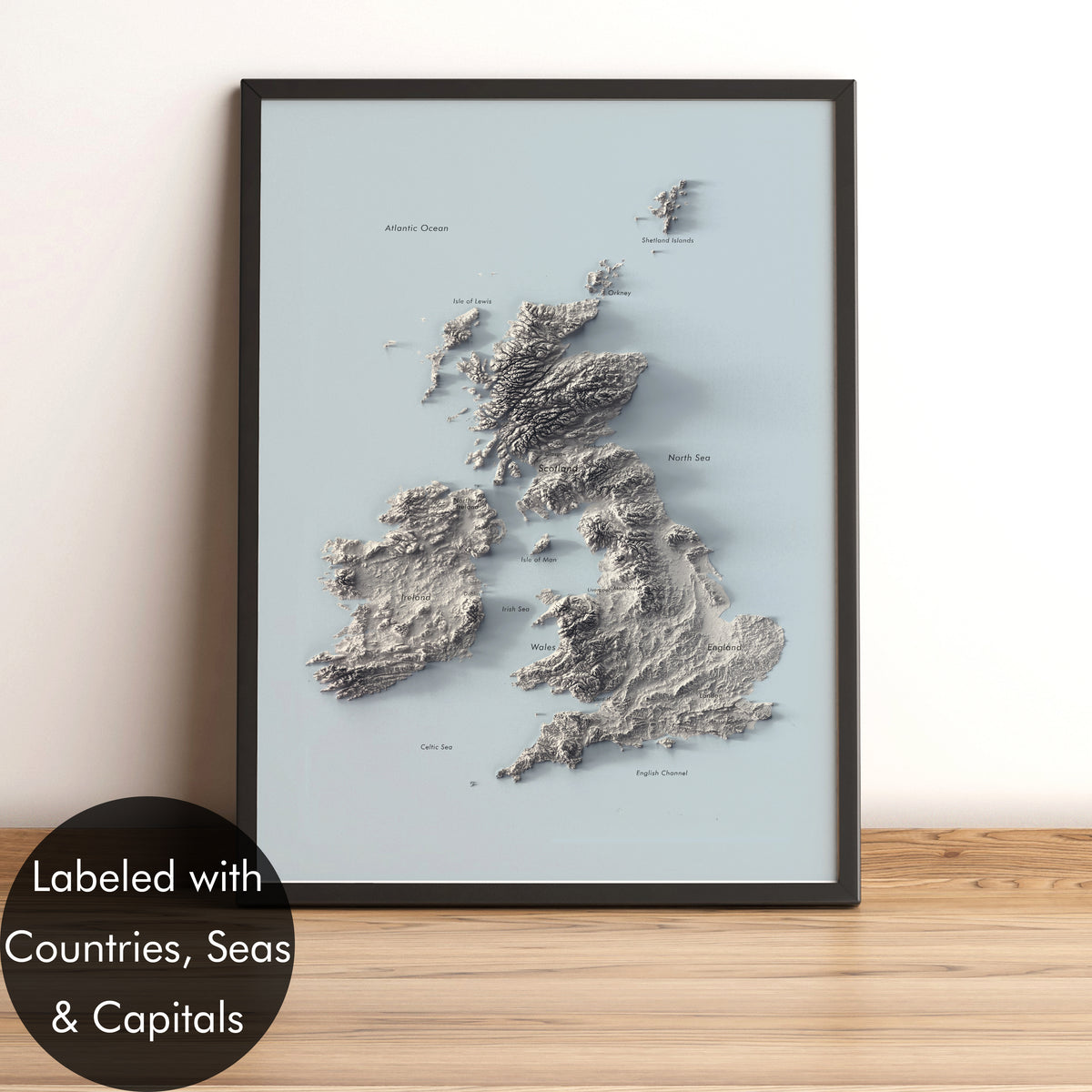 British Isles Labeled Ocean Relief Map | Countries, Capitals, Oceans & Islands | UK Minimalist Map (Cópia)