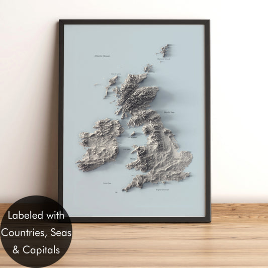Uk and Ireland framed shaded relief map in black frame. Artistic print highlighting mountains with a realistic terrain effect