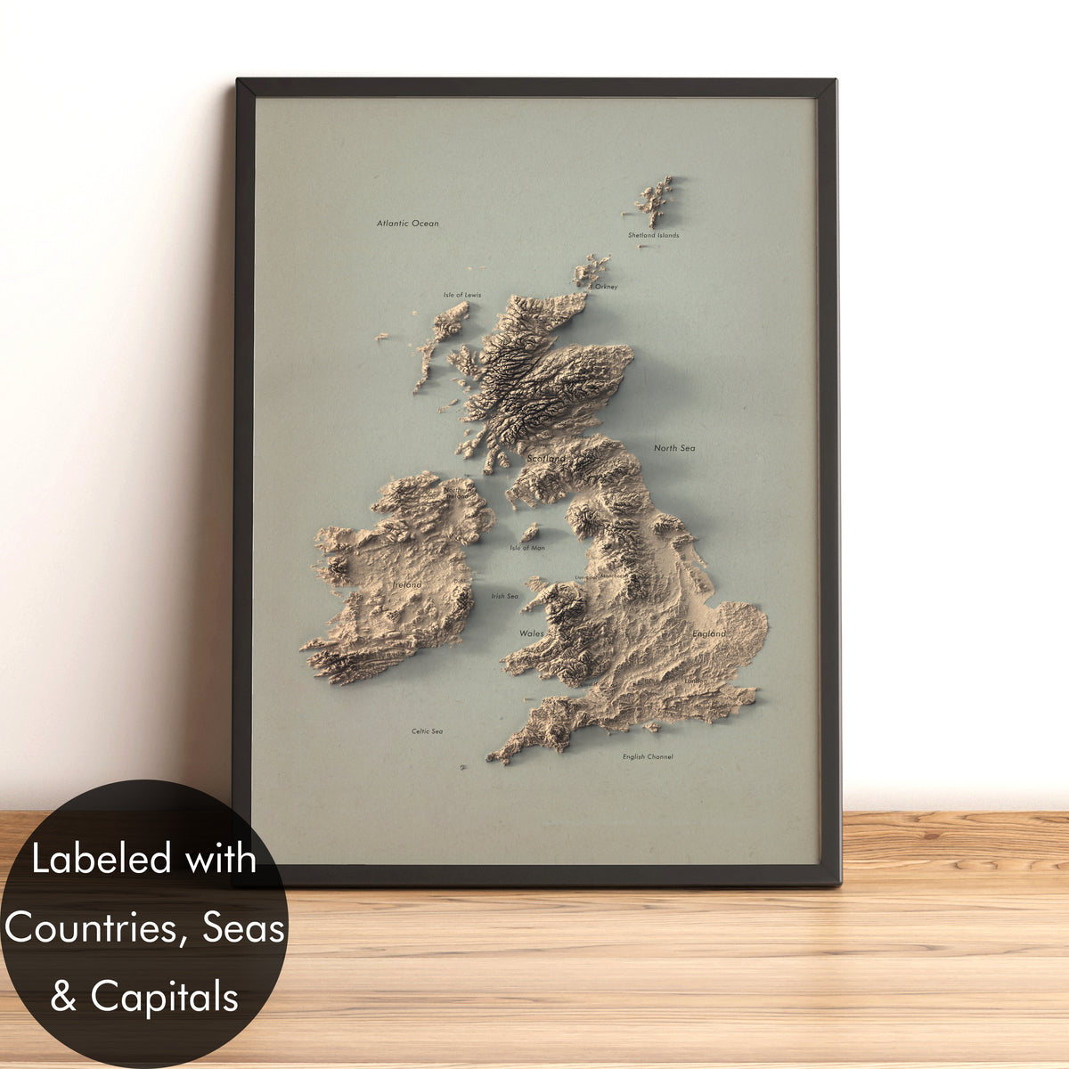 UK and Ireland Labeled Ocean Relief Map | Countries, Capitals, Oceans & Islands | British Islands Minimalist Map