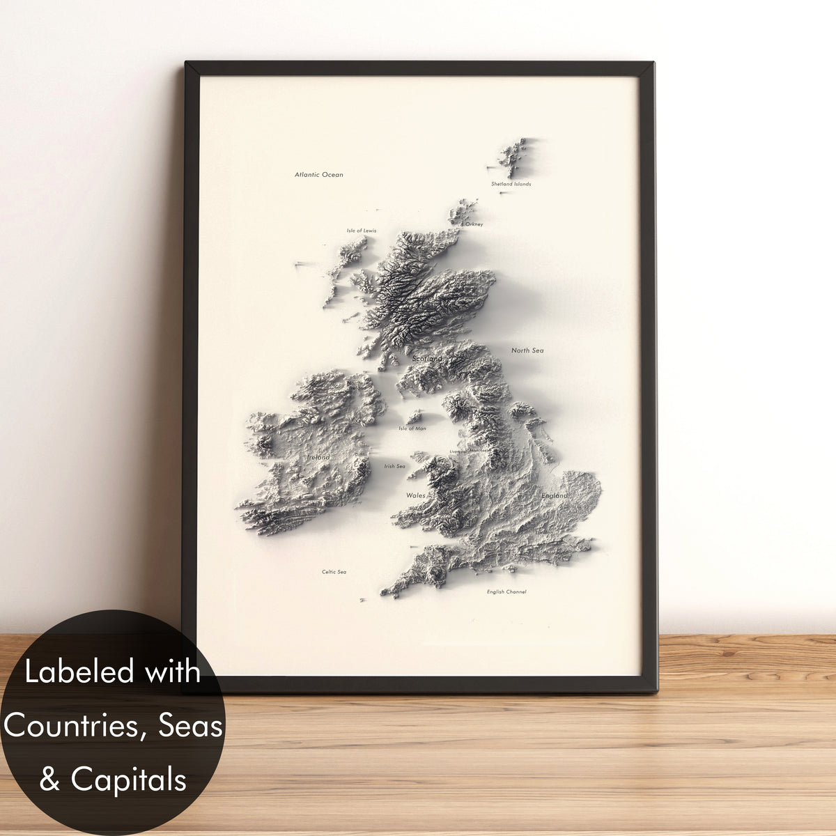 United Kingdom and Ireland Labeled Relief Map | Countries, Capitals, Seas & Islands | British Isles Minimalist Map