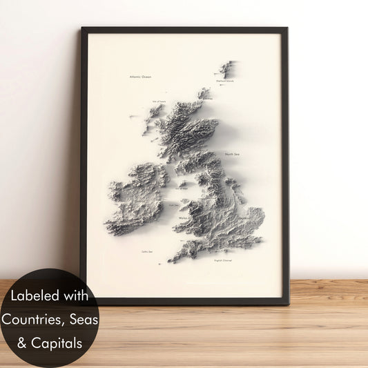 Uk and Ireland framed shaded relief map in black frame. Artistic print highlighting mountains with a realistic terrain effect