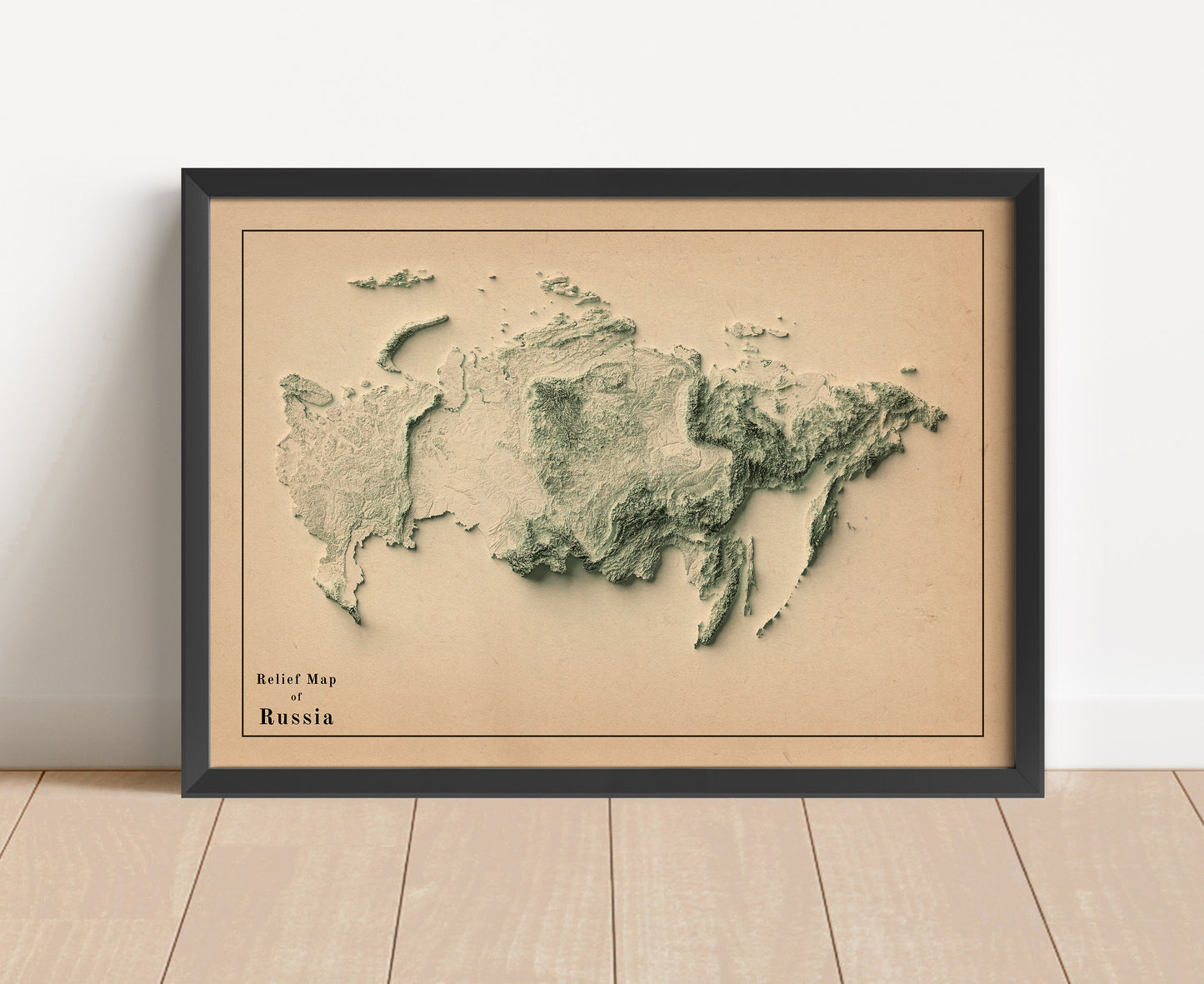 Vintage Russia shaded relief map in black frame. Artistic print with realistic terrain effect for wall decor