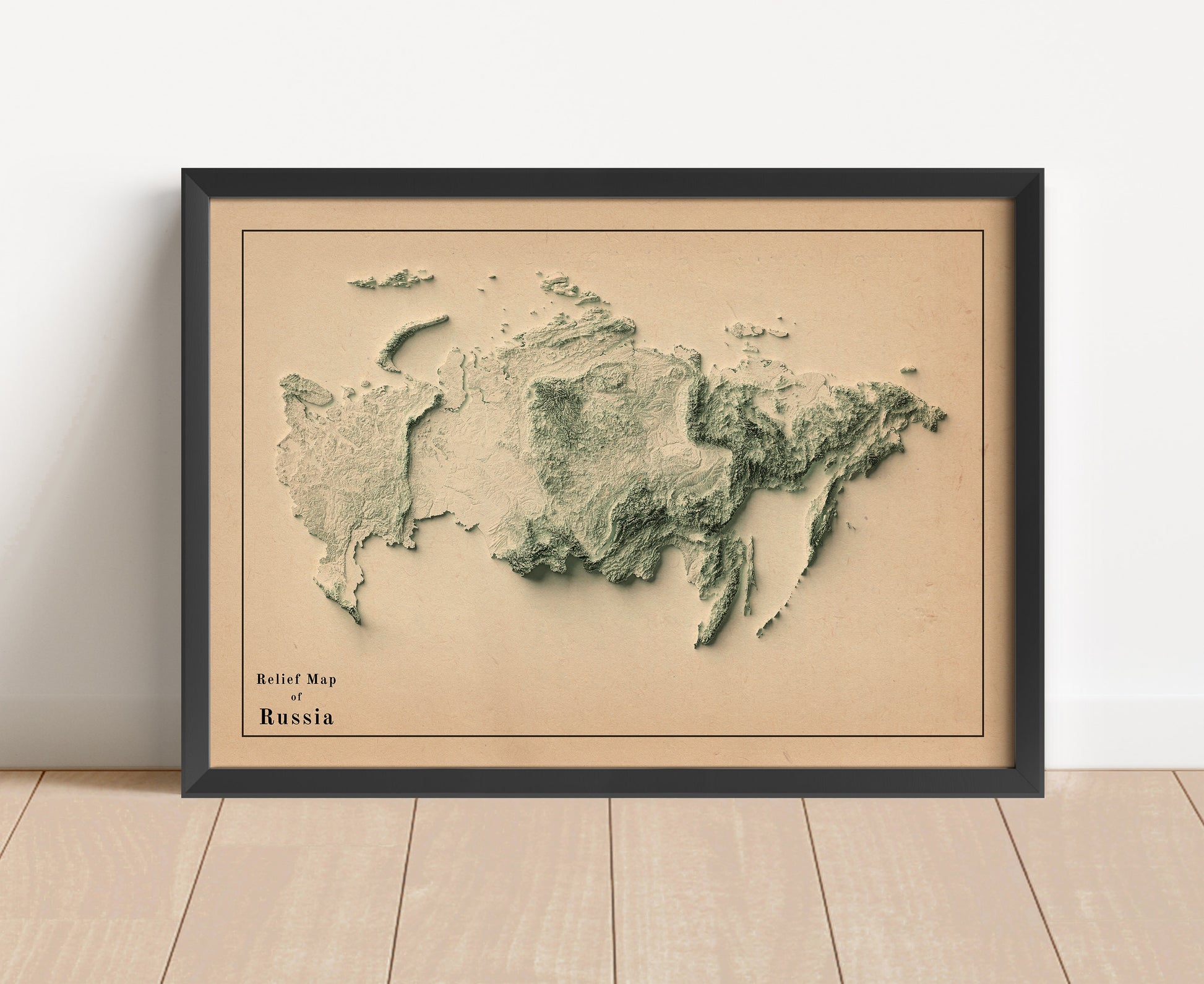 Vintage Russia shaded relief map in black frame. Artistic print with realistic terrain effect for wall decor