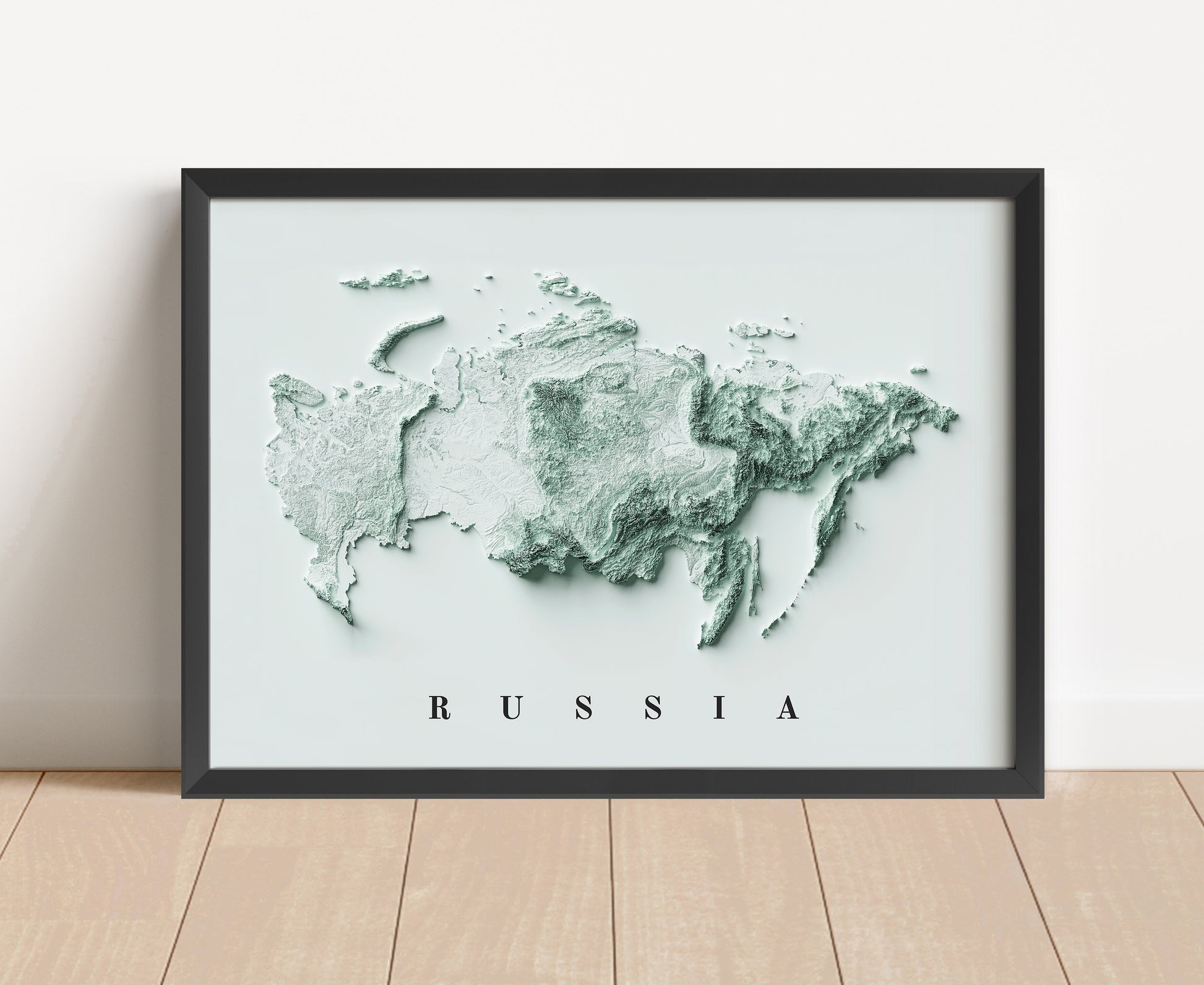 Russia shaded relief map in black frame. Artistic print with realistic terrain effect for wall decor