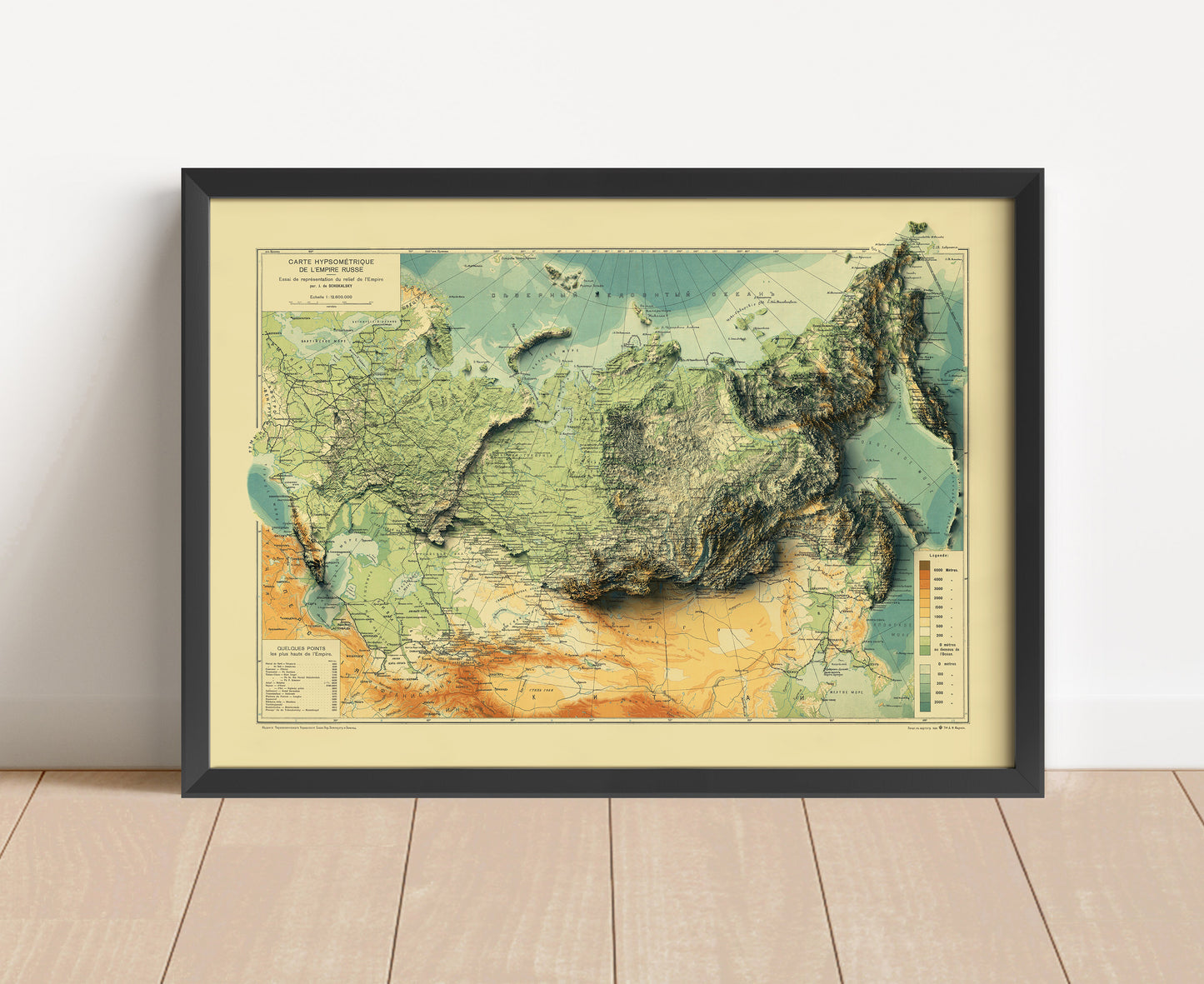 Vintage Russia shaded relief map in black frame. Artistic print with realistic terrain effect for wall decor