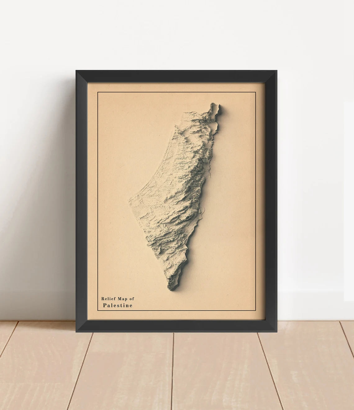 Vintage Palestine shaded relief map in black frame. Artistic print with realistic terrain effect for wall decor