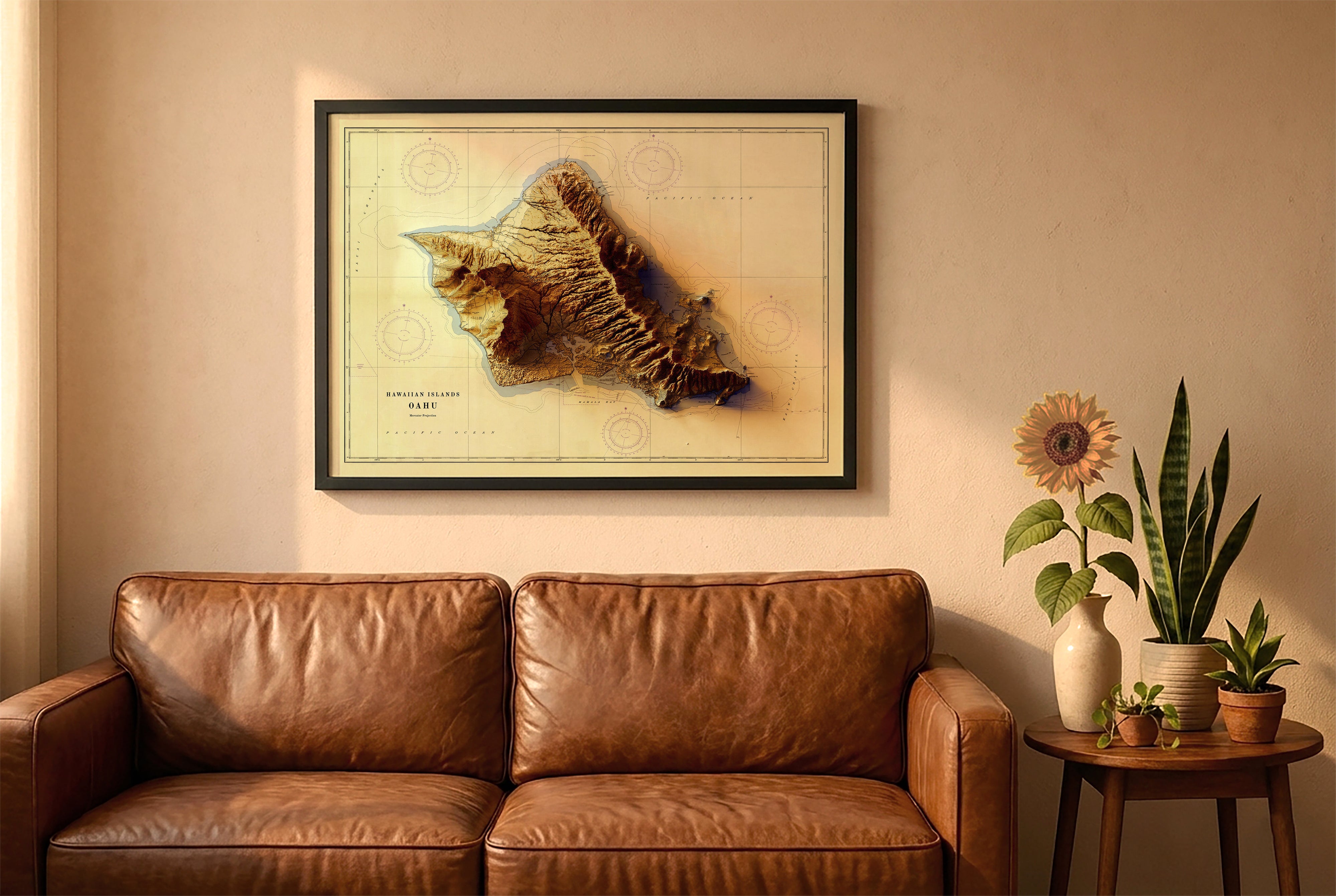 Oahu Island (Hawaii) Shaded Relief Map | Vintage Elevation Map