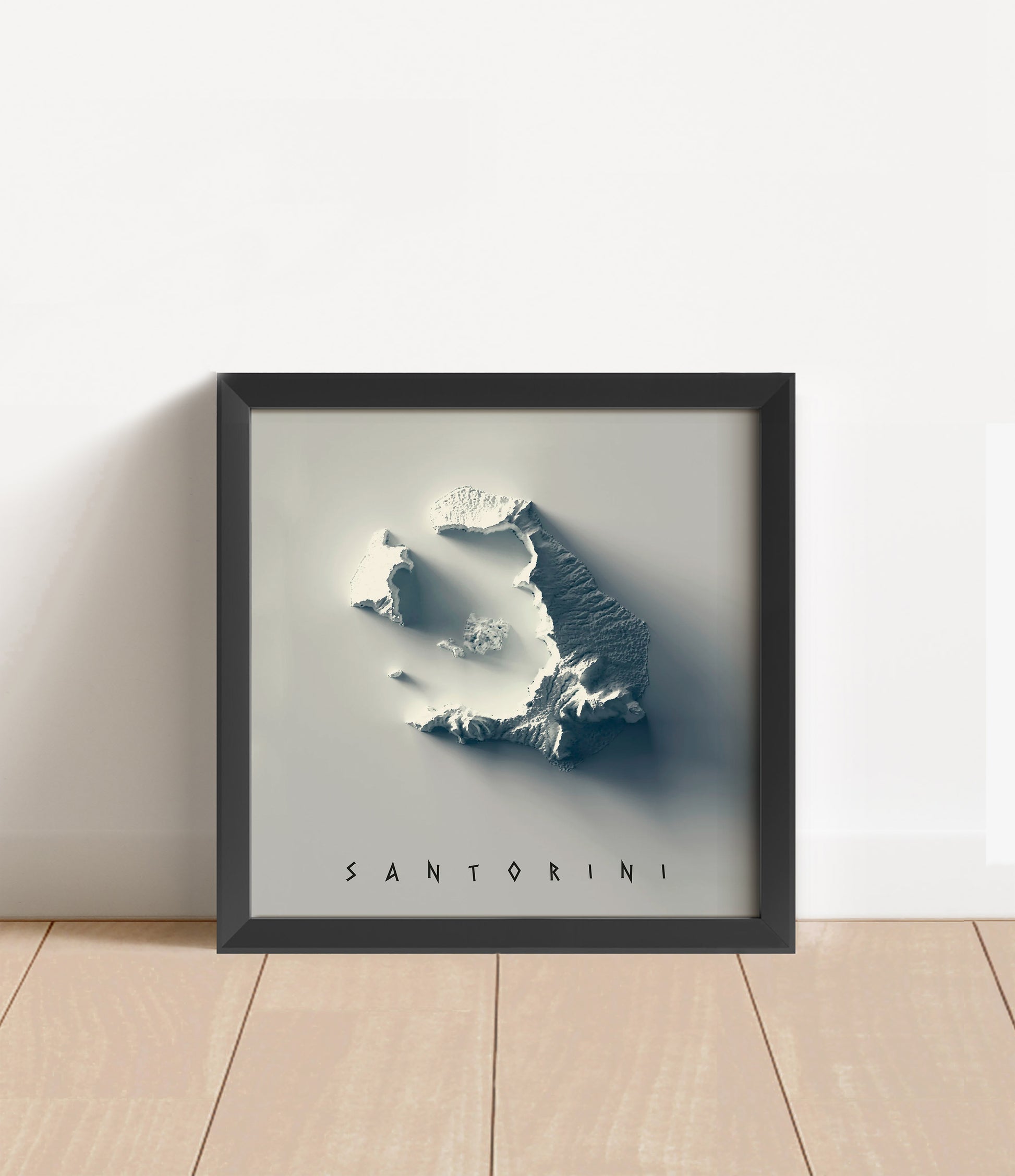 Santorini, Greece, shaded relief map in black frame. Artistic print with realistic terrain effect for wall decor