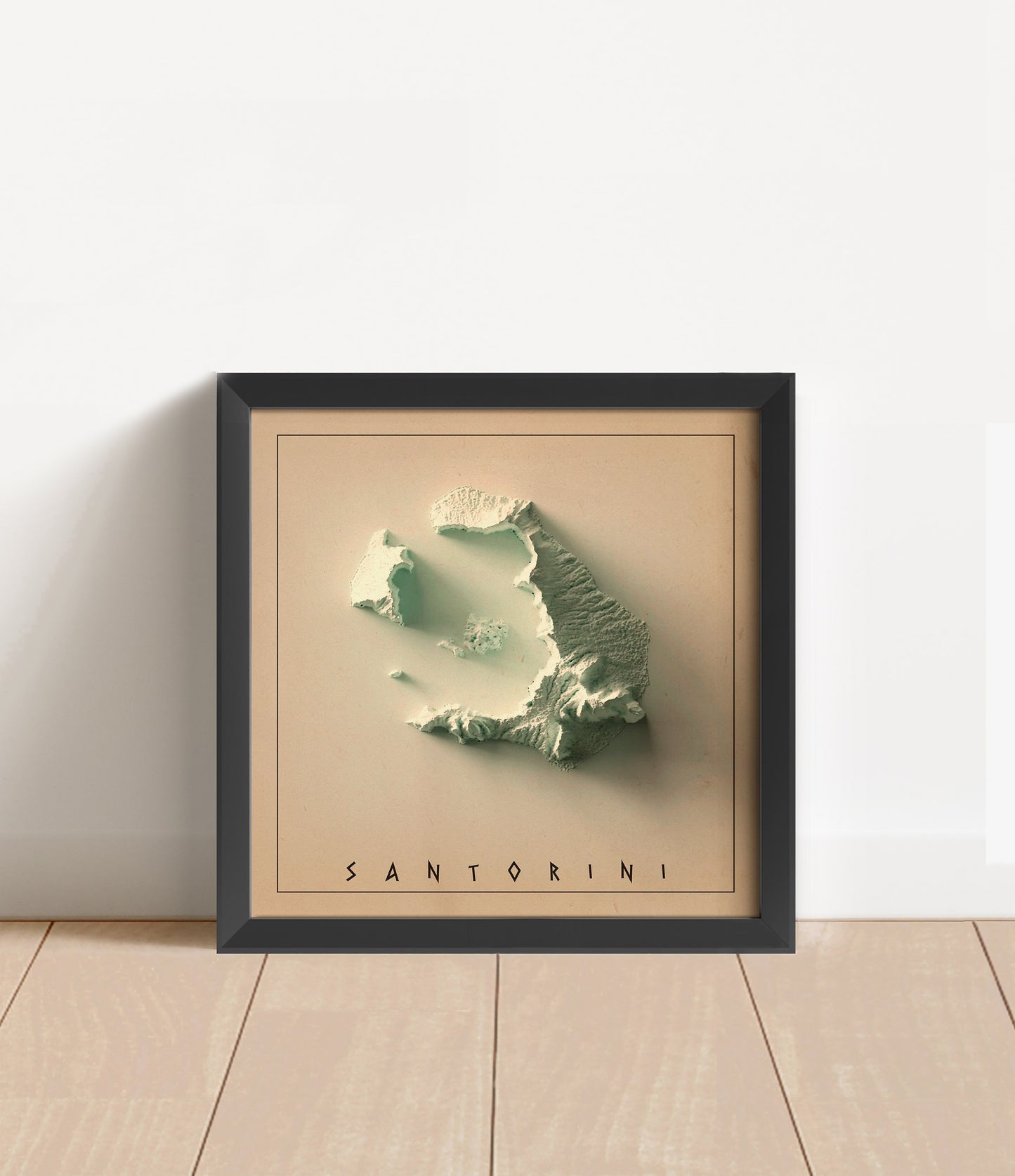 Vintage Santorini, Greece, shaded relief map in black frame. Artistic print with realistic terrain effect for wall decor