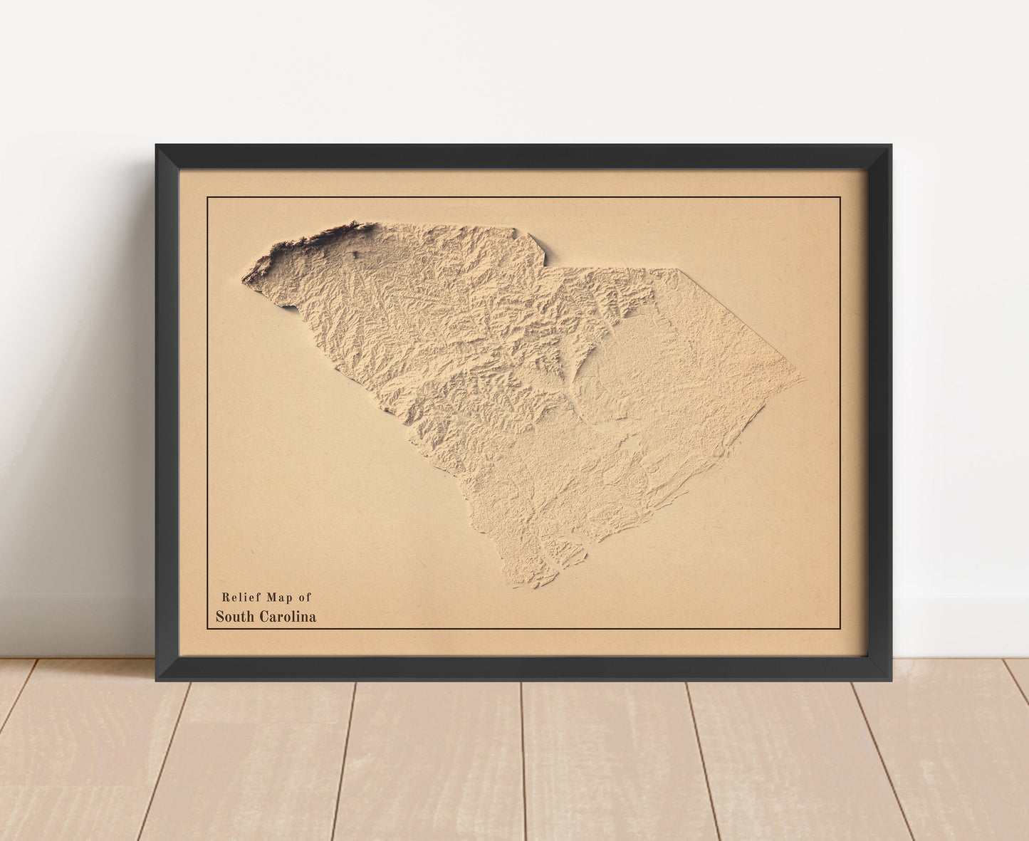 Vintage South Carolina shaded relief map in black frame. Artistic print with realistic terrain effect for wall decor
