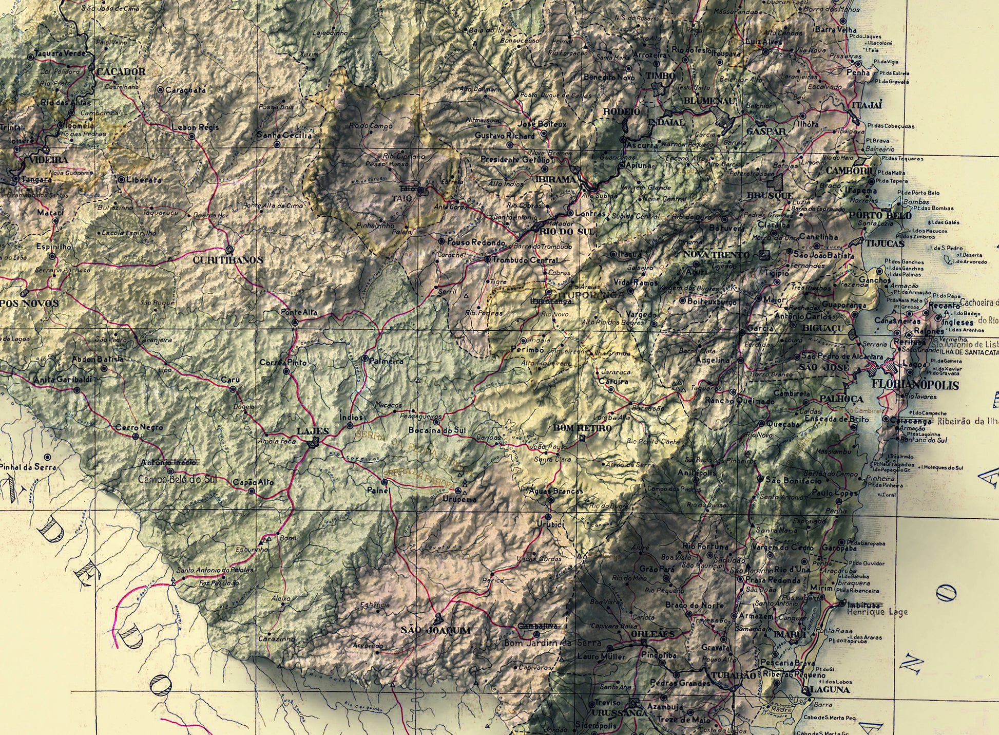 Detailed close-up of a vintage Santa Catarina relief map, showcasing textured topography and geographic contours