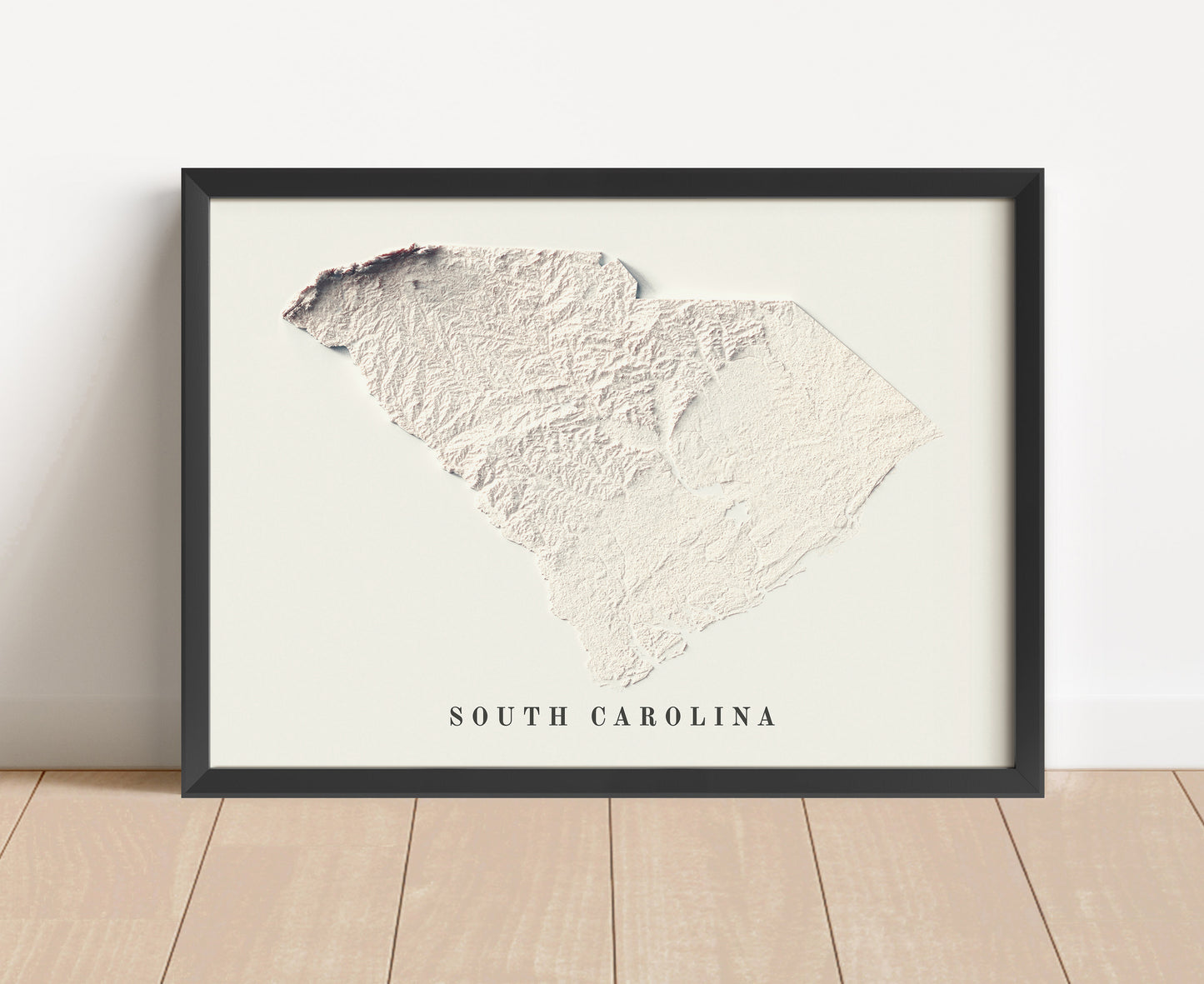 South Carolina shaded relief map in black frame. Artistic print with realistic terrain effect for wall decor