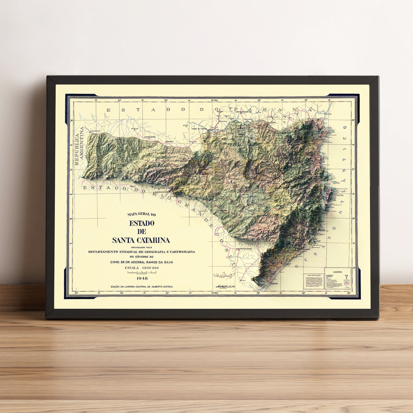 Santa Catarina vintage framed shaded relief map in black frame. Artistic print highlighting mountains with a realistic terrain effect